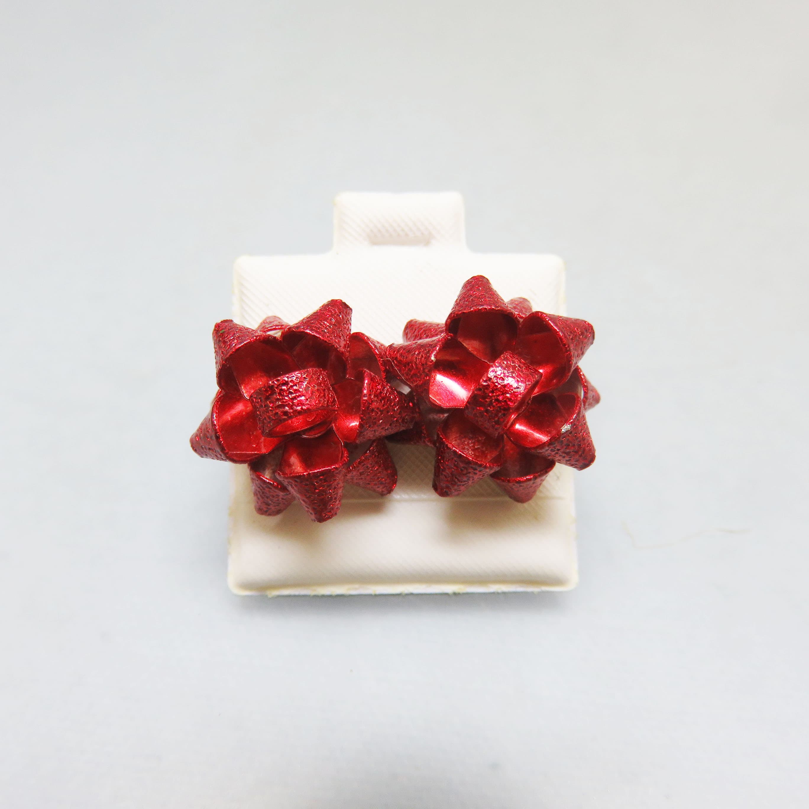 Red Glittered Metal Package Bow Pierced Earrings, Post Style