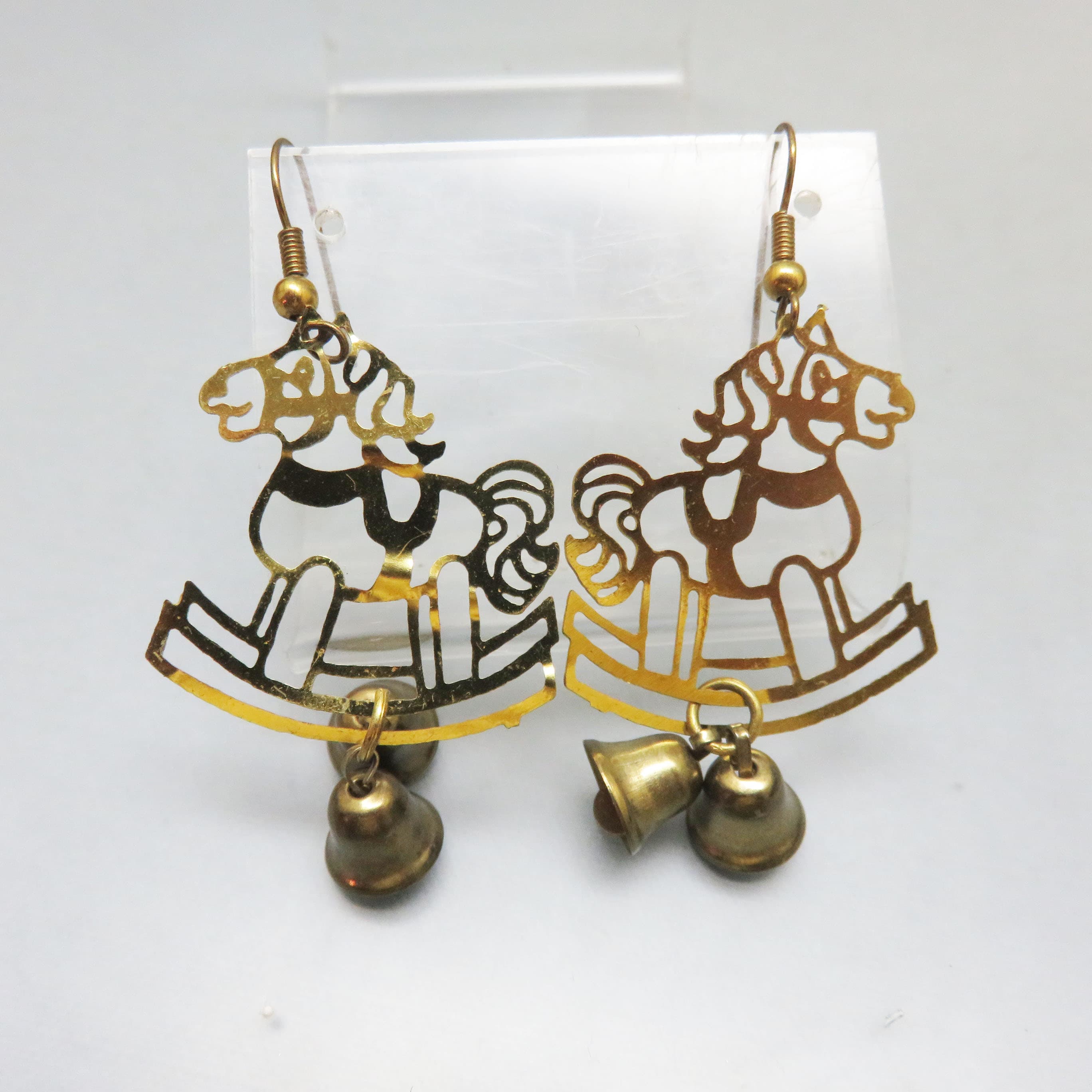 Thin Brass Rocking Horse Christmas Pierced Earrings, Vintage with Bells
