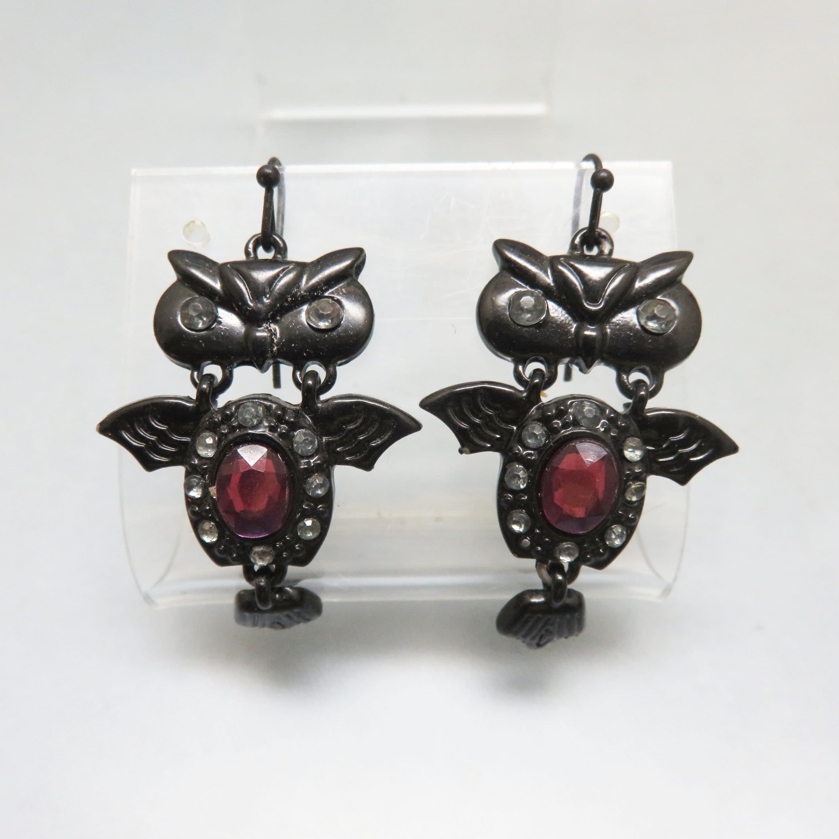 Vintage Black Rhinestone Owl Halloween Earrings, Goth Pierced Earrings