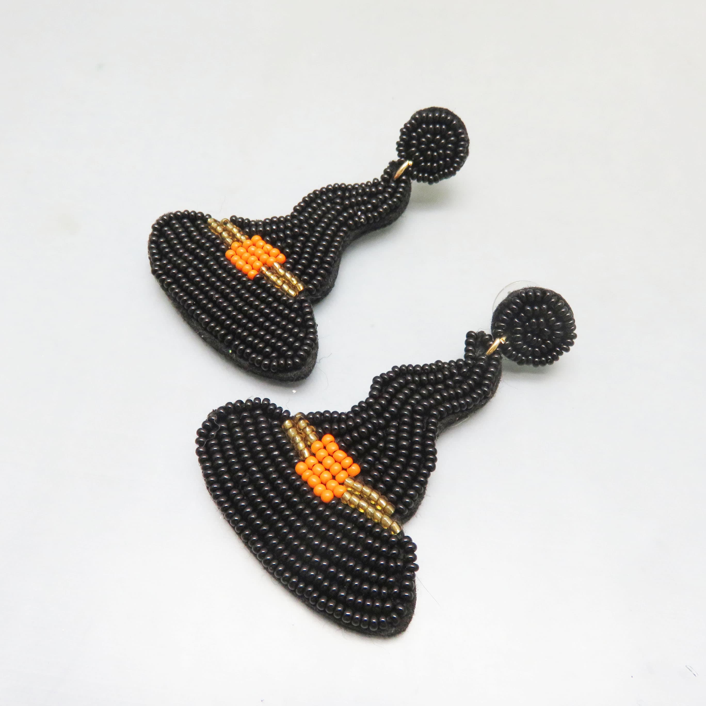 Mint Condition Hand Beaded Black Witch's Hat Post Style Pierced Earrings, Halloween Earrings