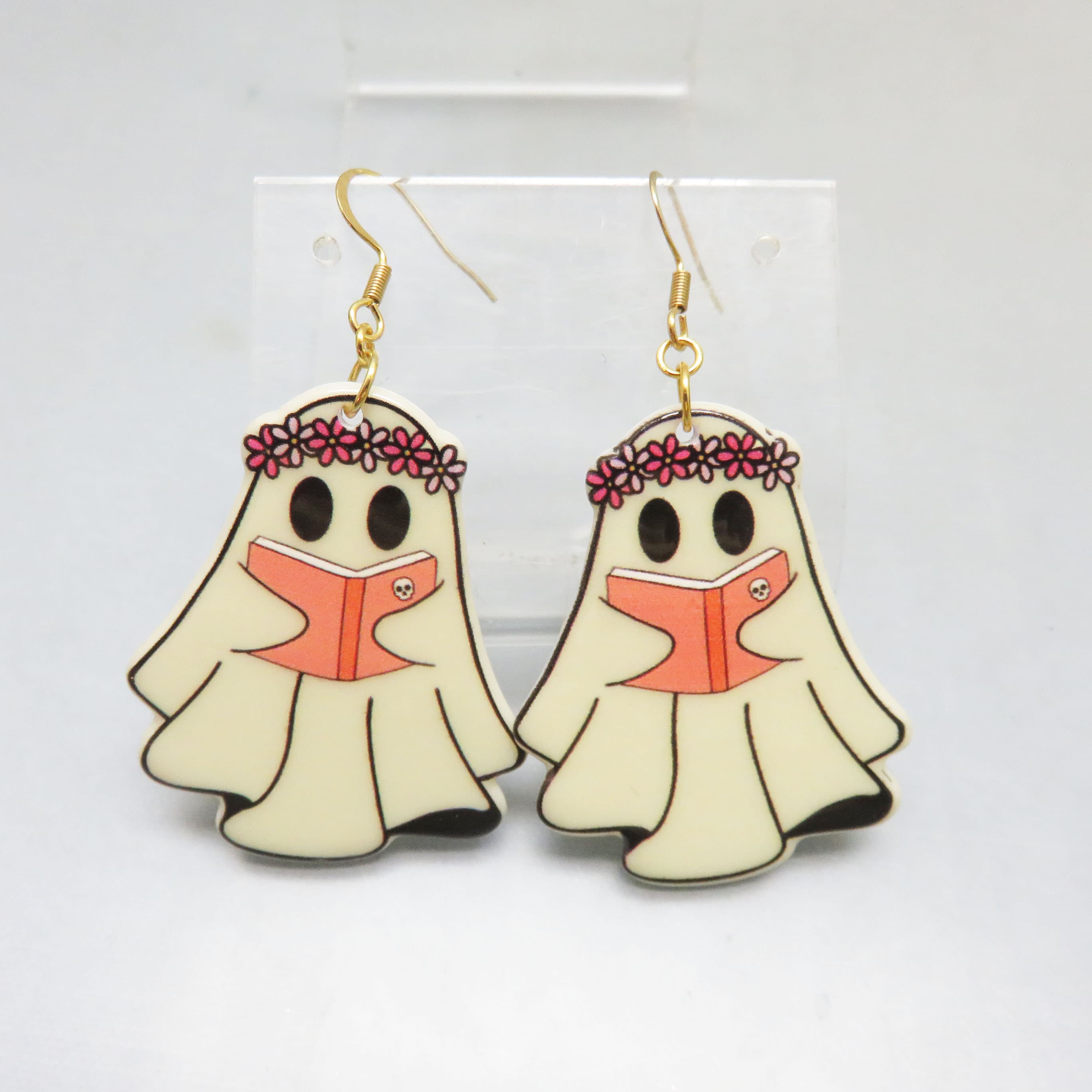 Non Scary Reading Ghost Halloween Pierced Earrings, Polyurethaned Lithographed Wood