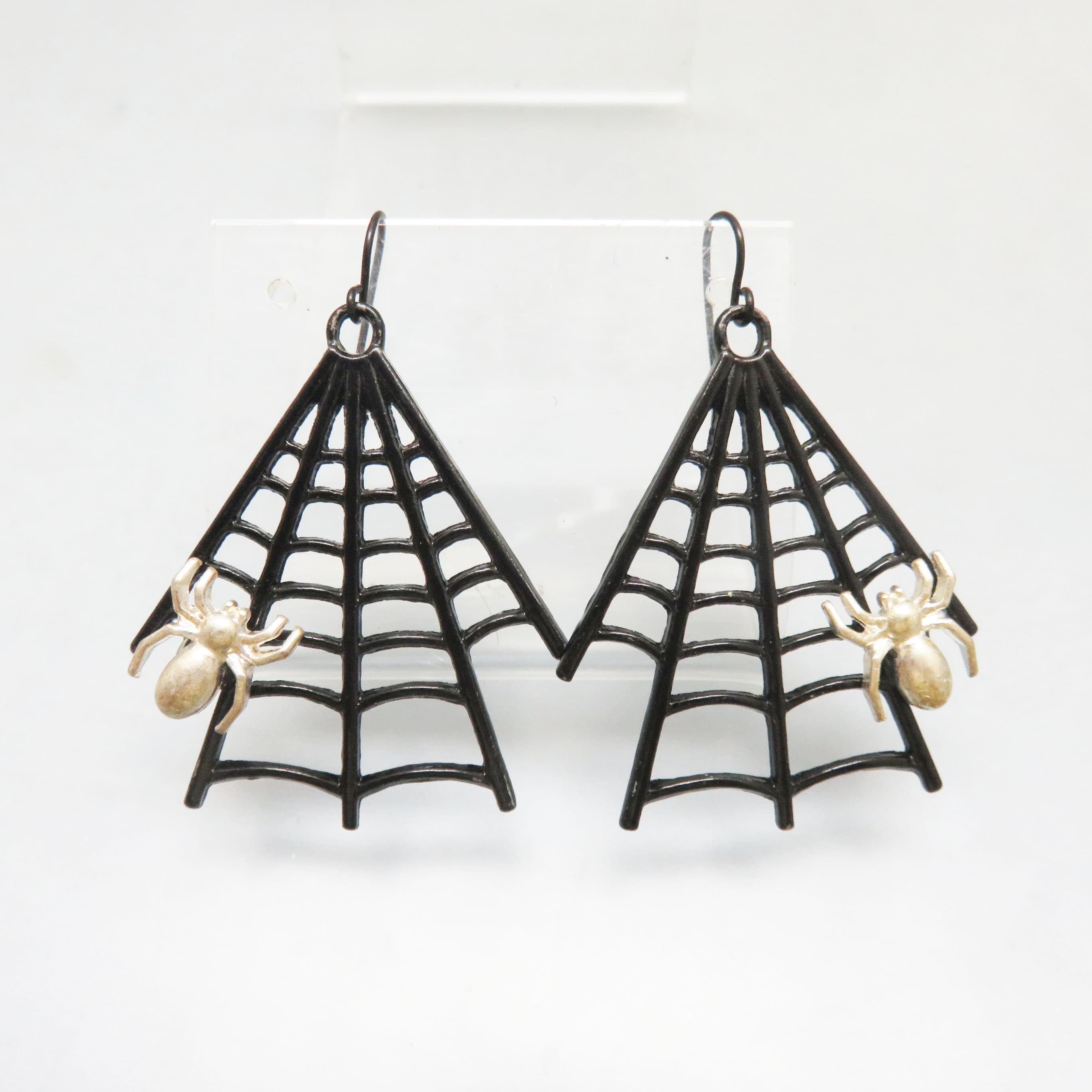 Black Enameled Spider Web, Silver Spider Pierced Earrings, Halloween Earrings