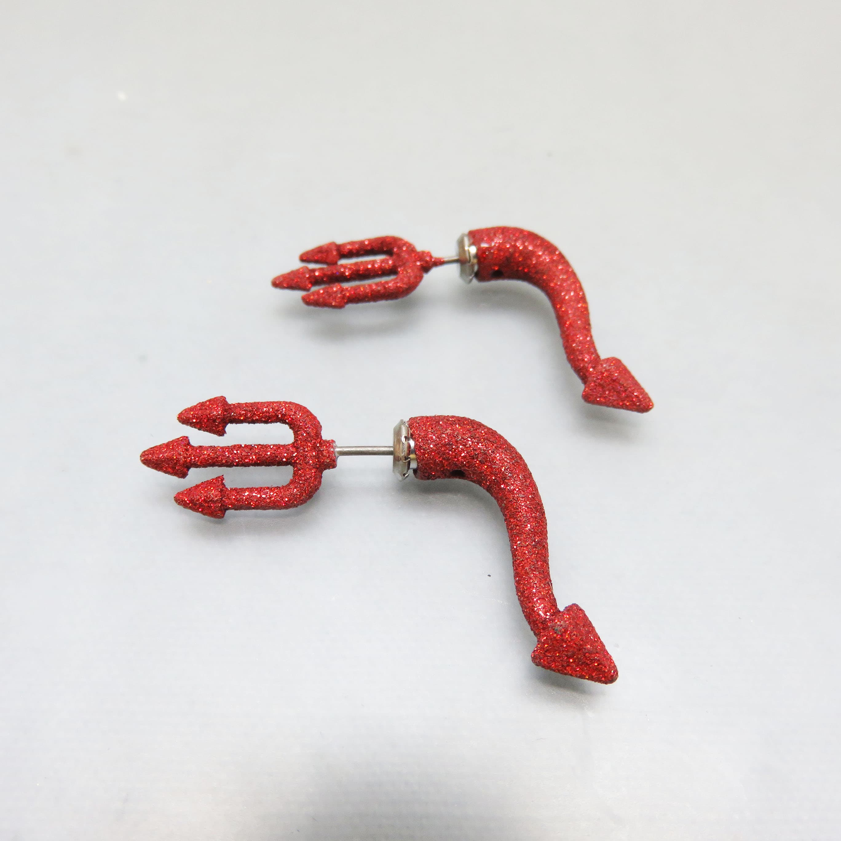 Red Glitter Devil Pitchfork & Tail Earrings – Mismatched Novelty Stud Earrings – Halloween Jewelry 