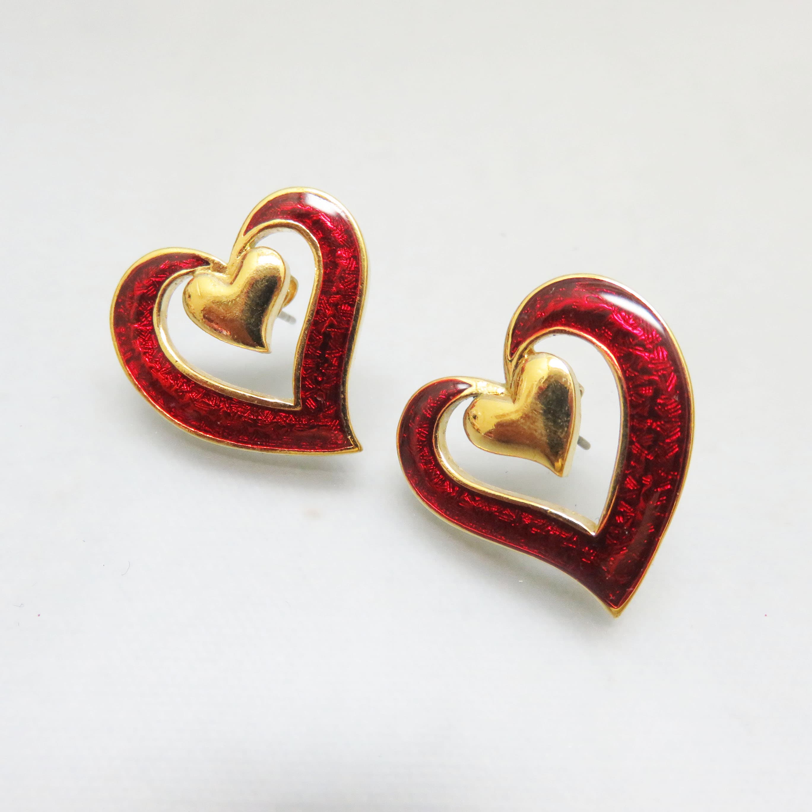 Red Resin Enamel and Gold Plated Heart Post Style Pierced Earrings
