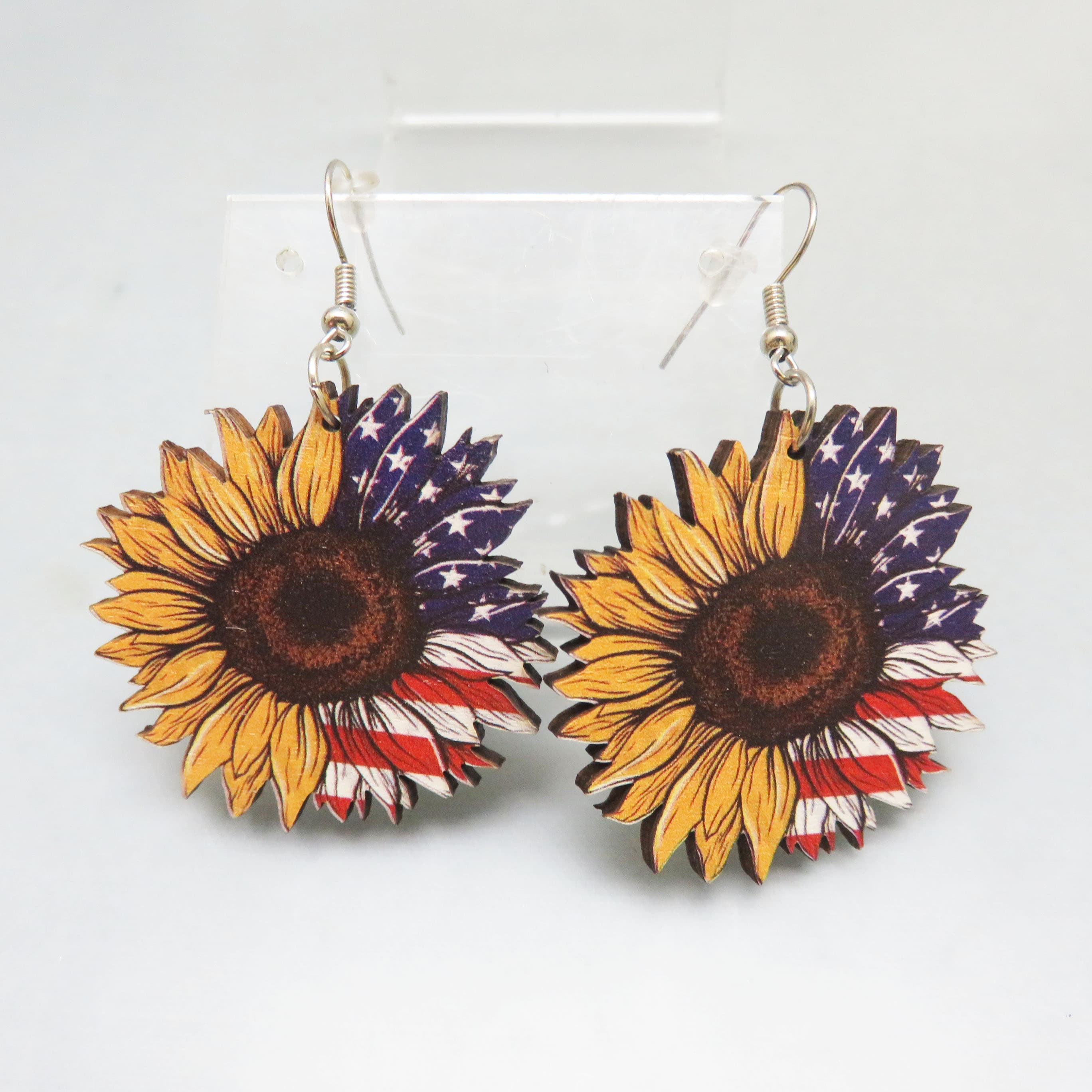 Lithographed Wood Sunflower With Stars and Stripes Motif French Hook Pierced Earrings