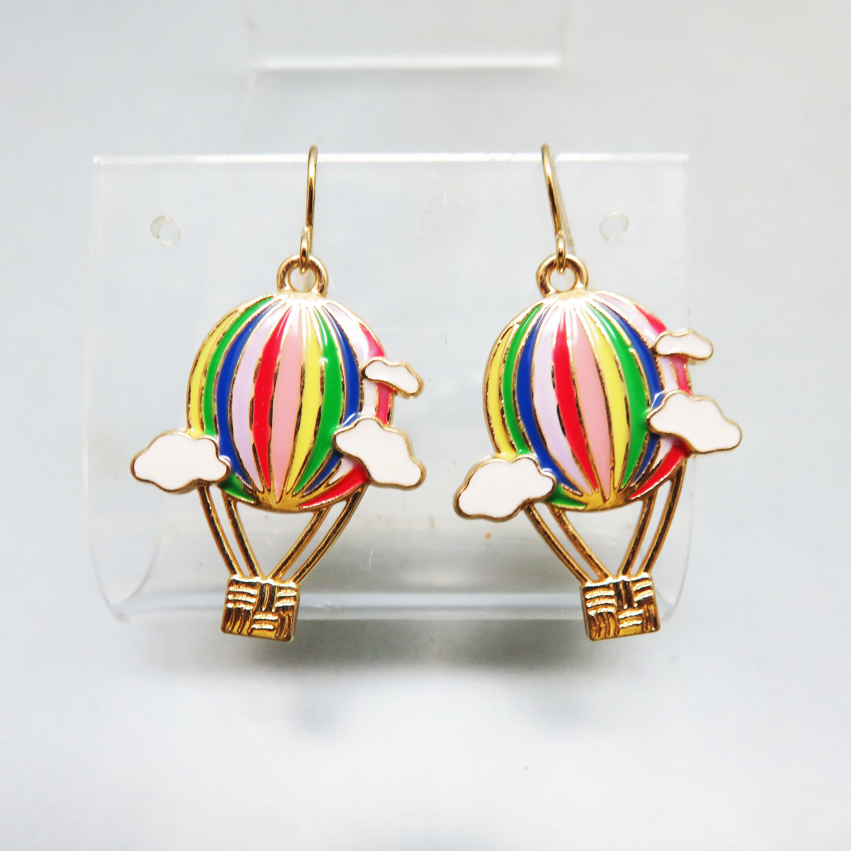 Colorful Hand Painted Goldtone Metal Hot Air Balloon French Hook Pierced Earrings