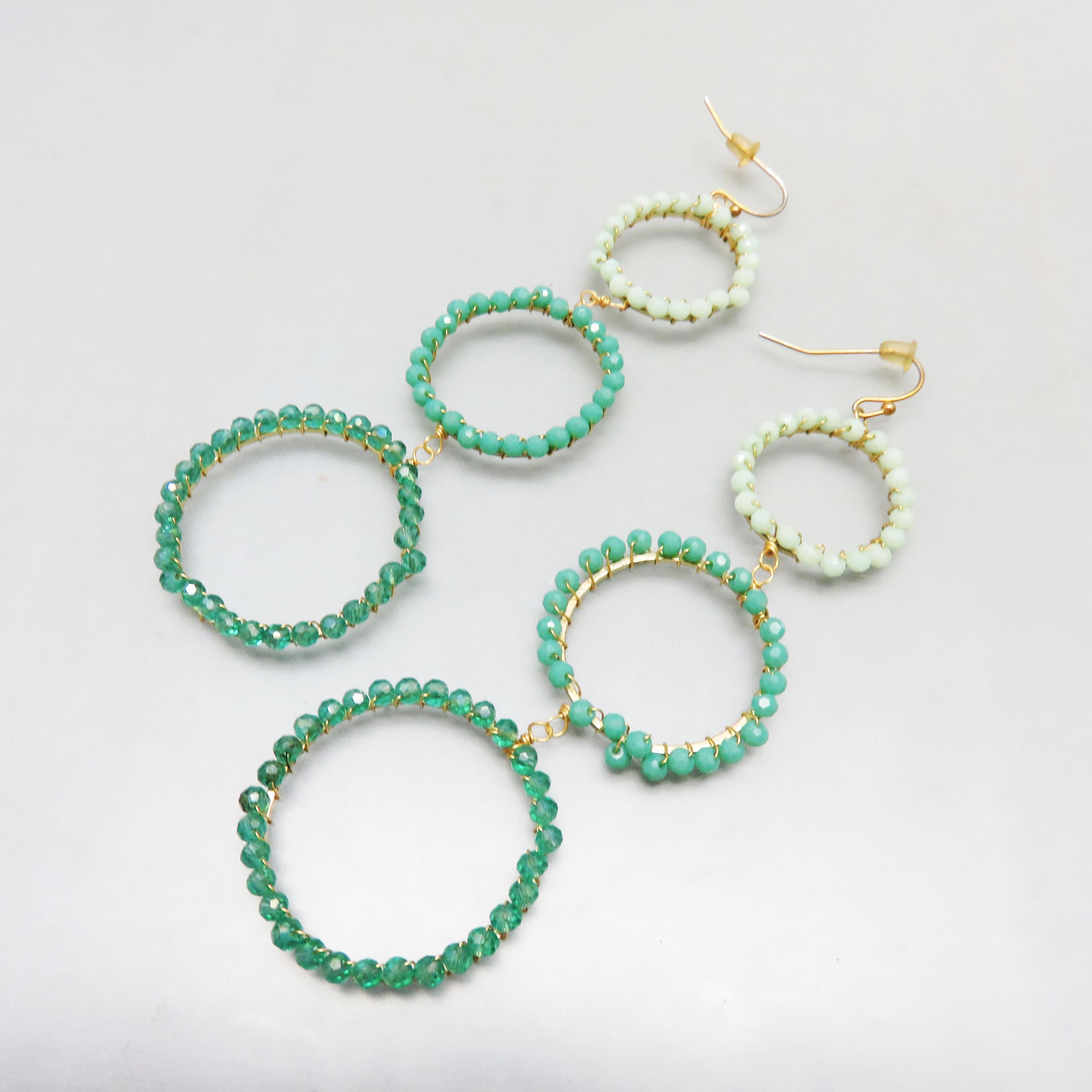 Trio of Soft Green Beaded Hoops  Pierced Earrings, French Hooks