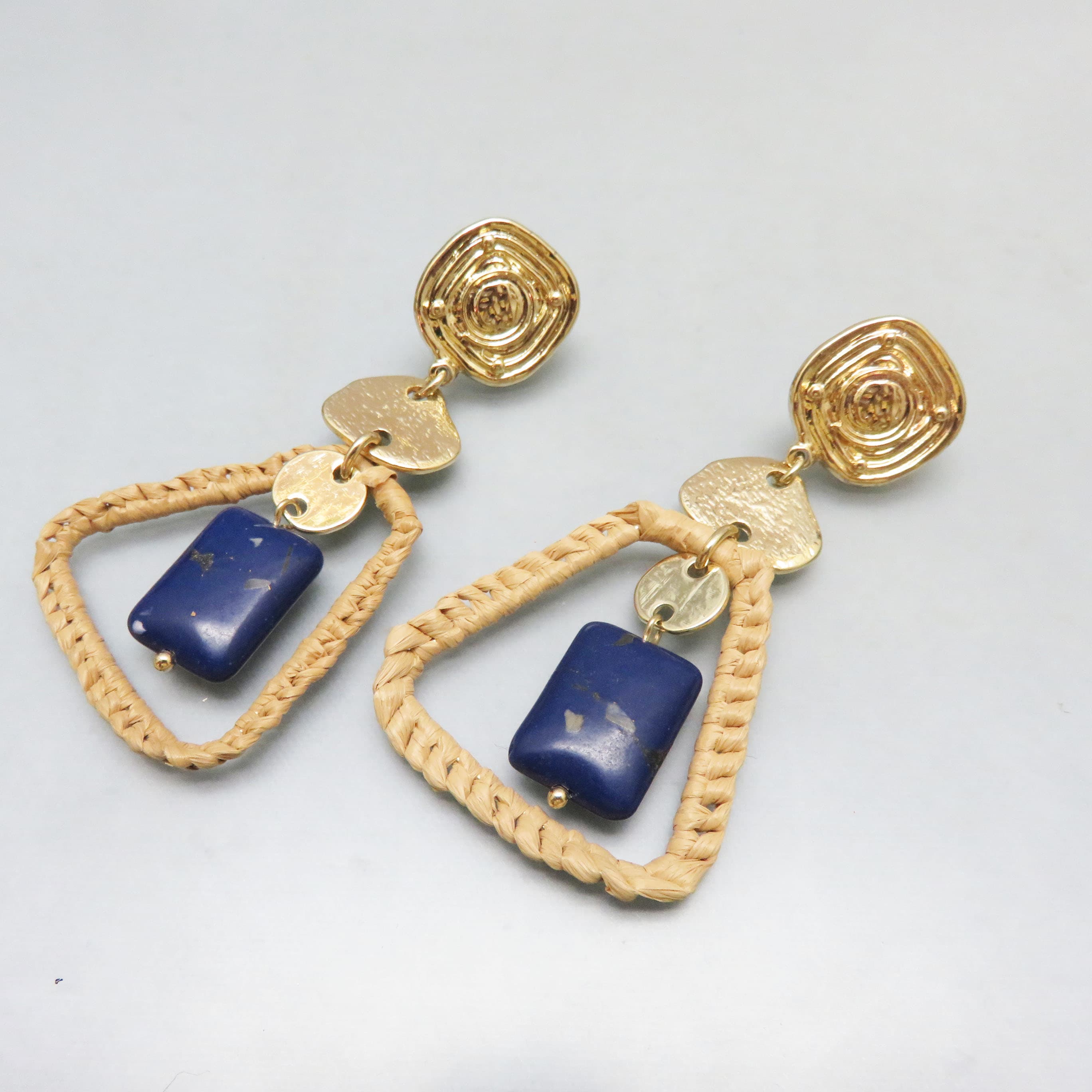 Lapis and Raffia Wrapped Loops Post Style Pierced Earrings