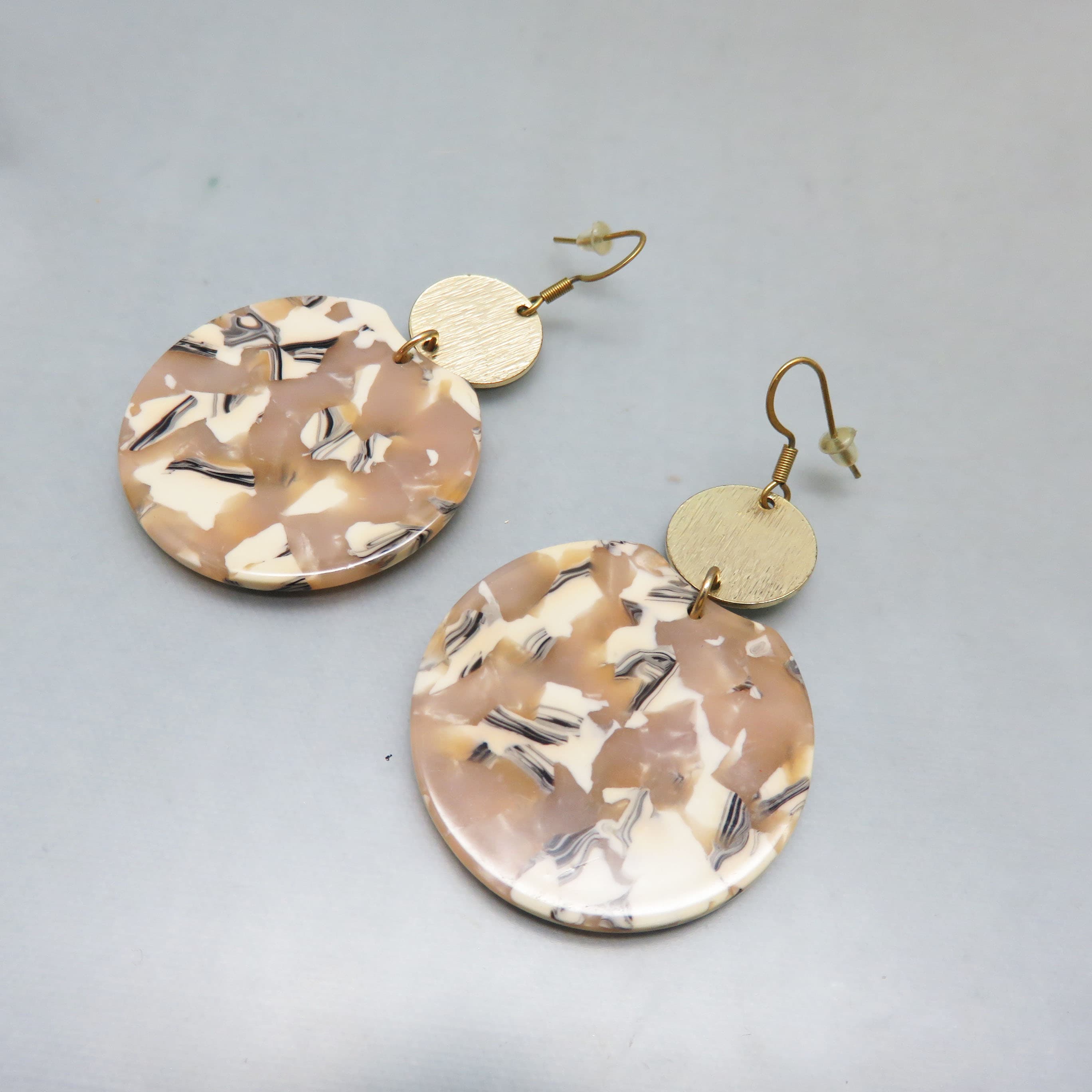 Goldtone Metal And Neutral Beige and White Resin Pierced Earrings, French Hooks