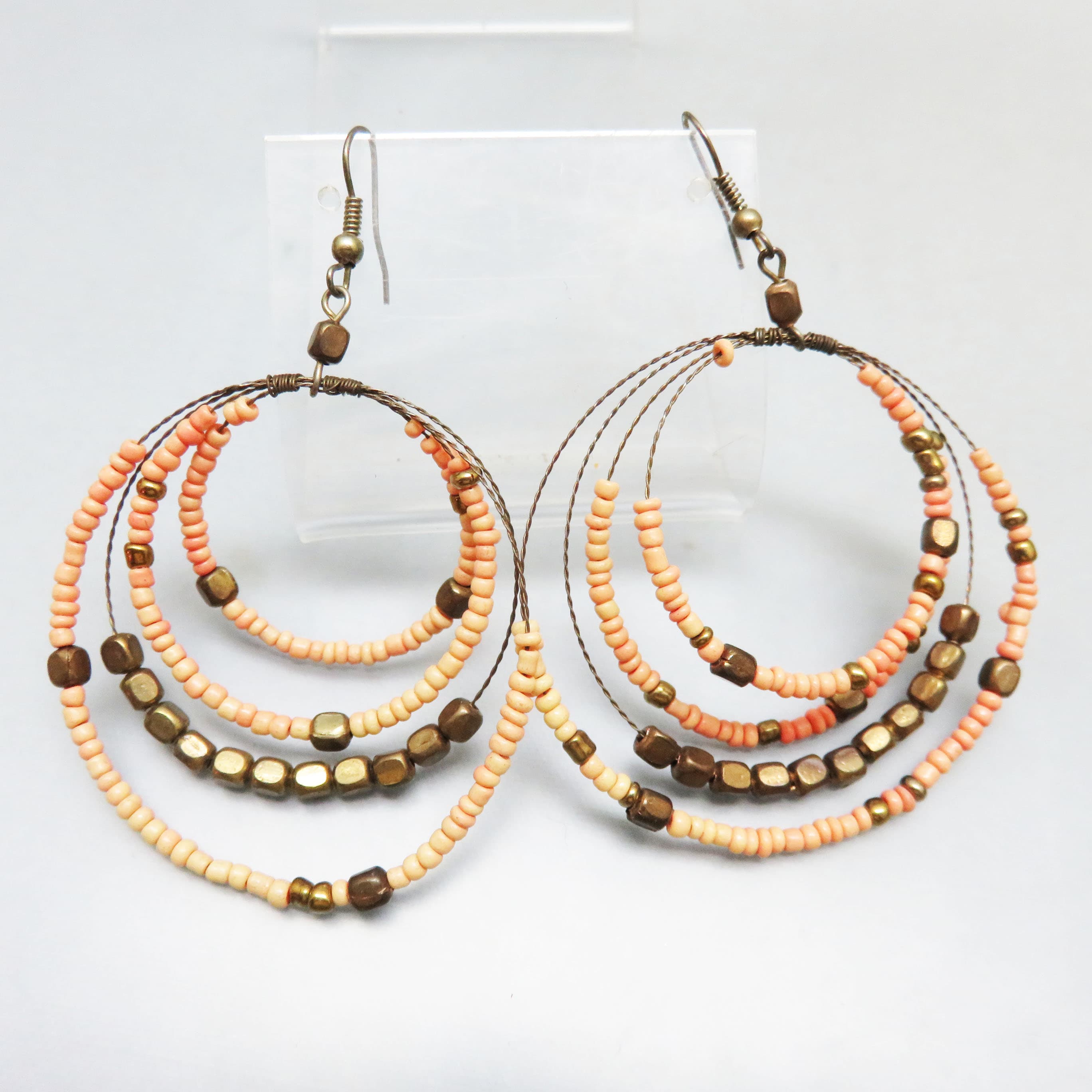 Vintage Tiny Coral and Aged Goldtone Beads on Concentric Circles, French Hooks for Pierced Ears
