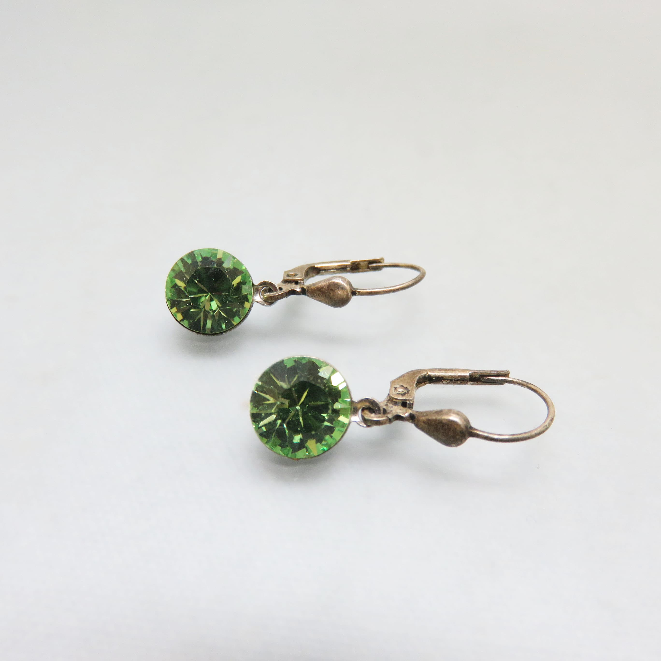 Peridot Green CZ Stones Set into Sterling Silver Findings, Leverback Pierced Earrings