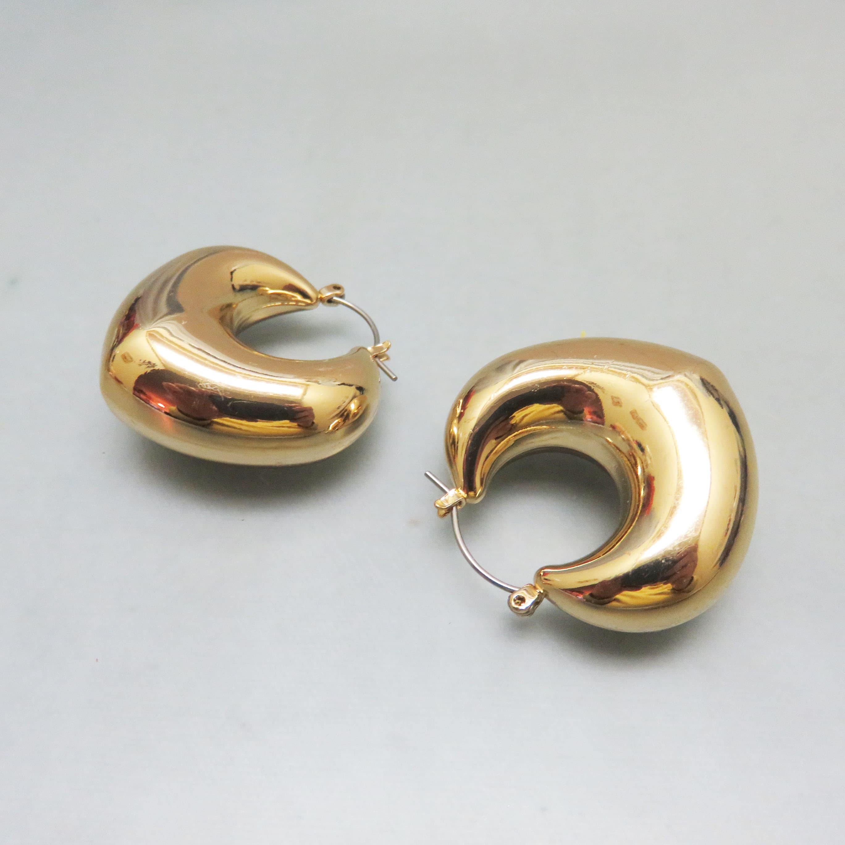 Gold Plated Puffy Heart Hoop Pierced Earrings, Latch Back