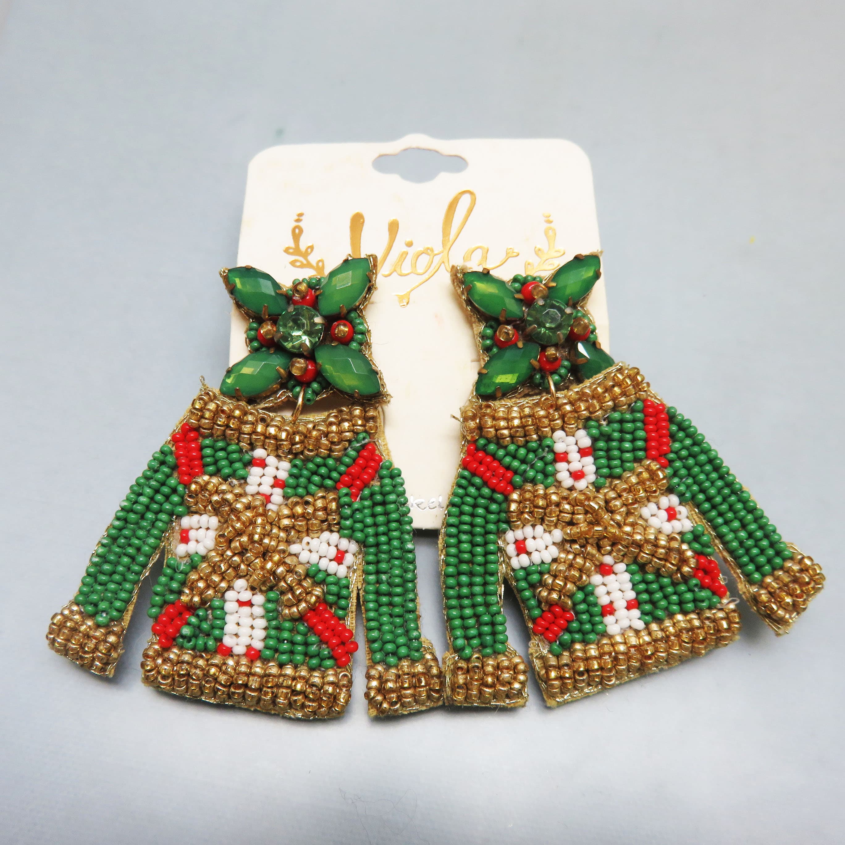 Viola Hand Beaded Christmas Sweater Pierced Earrings, Mint on Card