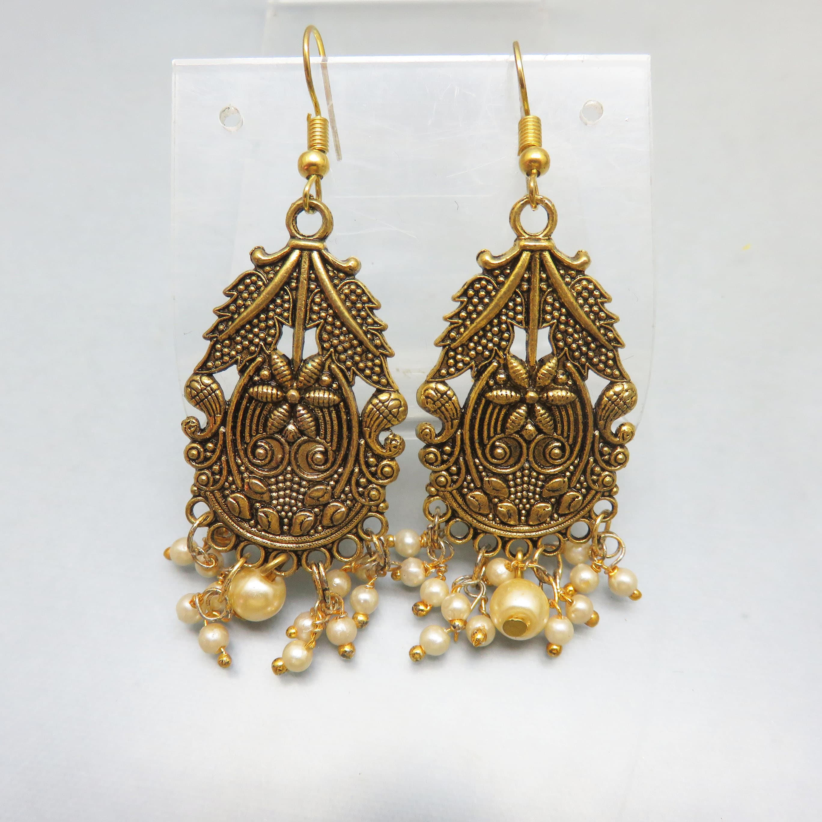 Antiqued Goldtone Metal and Faux Pearls Ethnic Styled Pierced Earrings