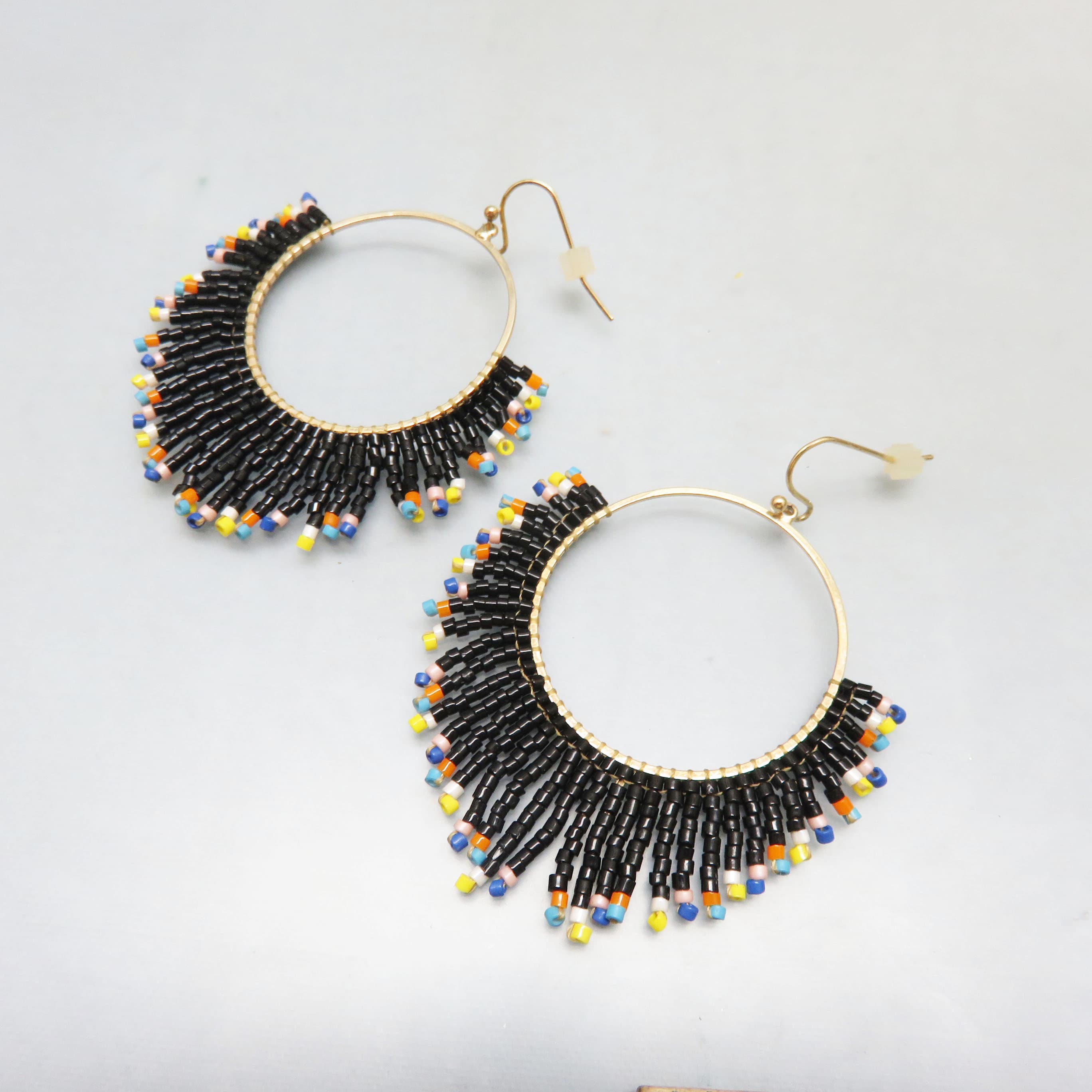 Seed Bead Black Fringed Hoop Pierced Earrings, French Hook Style