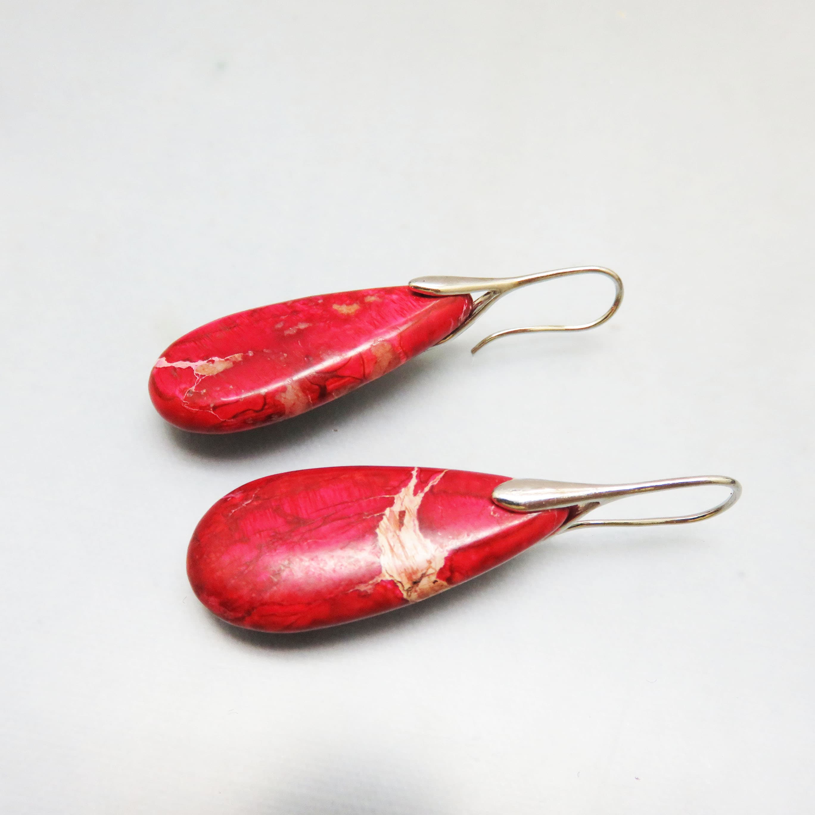 Vintage Dyed Red and White Impression Jasper Pierced Earrings