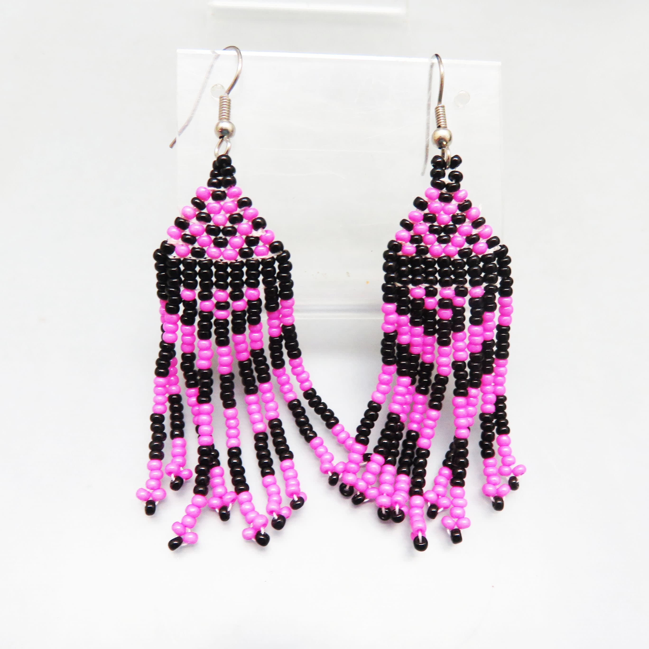 Hand Beaded Fuchsia and Black Pierced Earrings