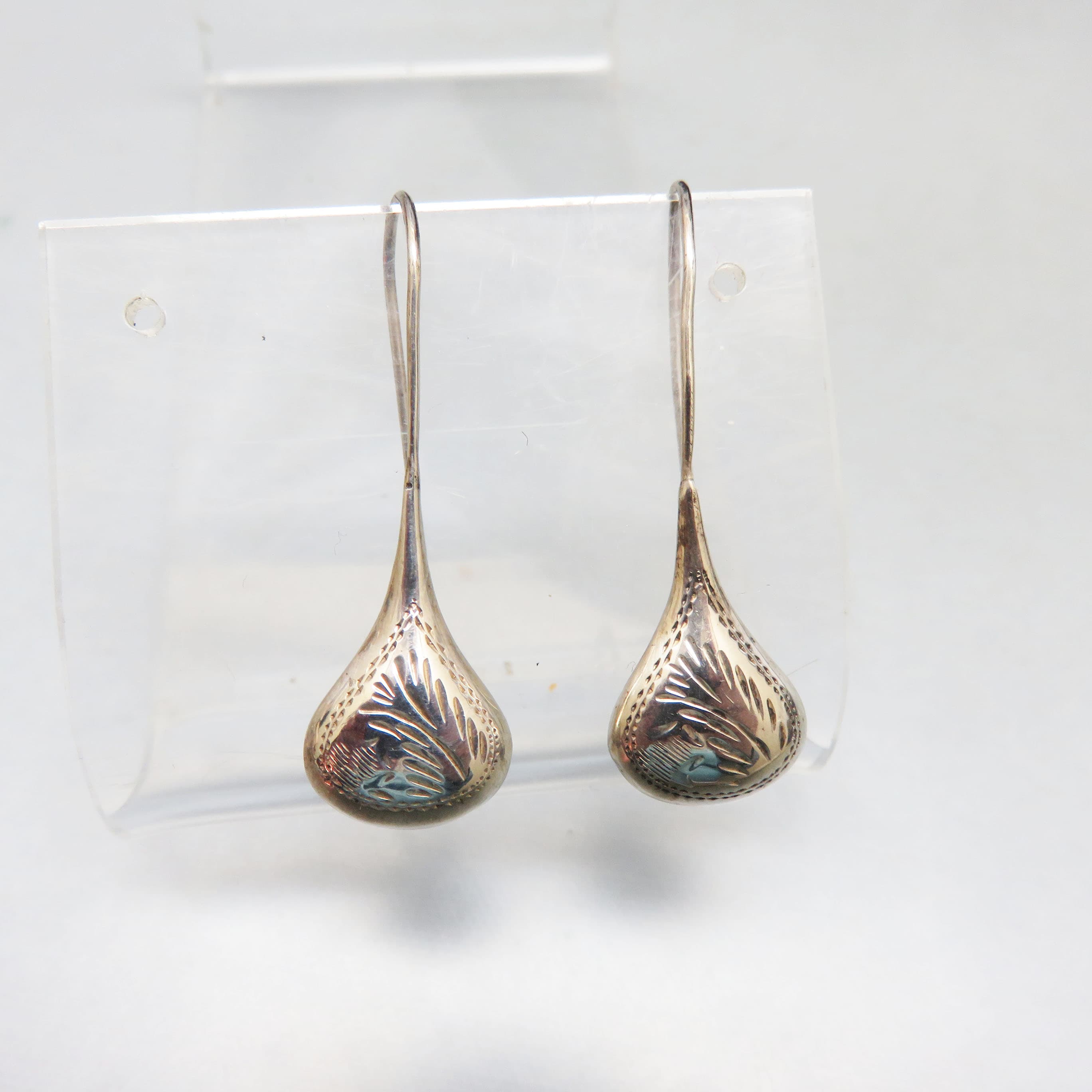Engraved Sterling Silver Droplet Pierced Earrings, Attached Wire