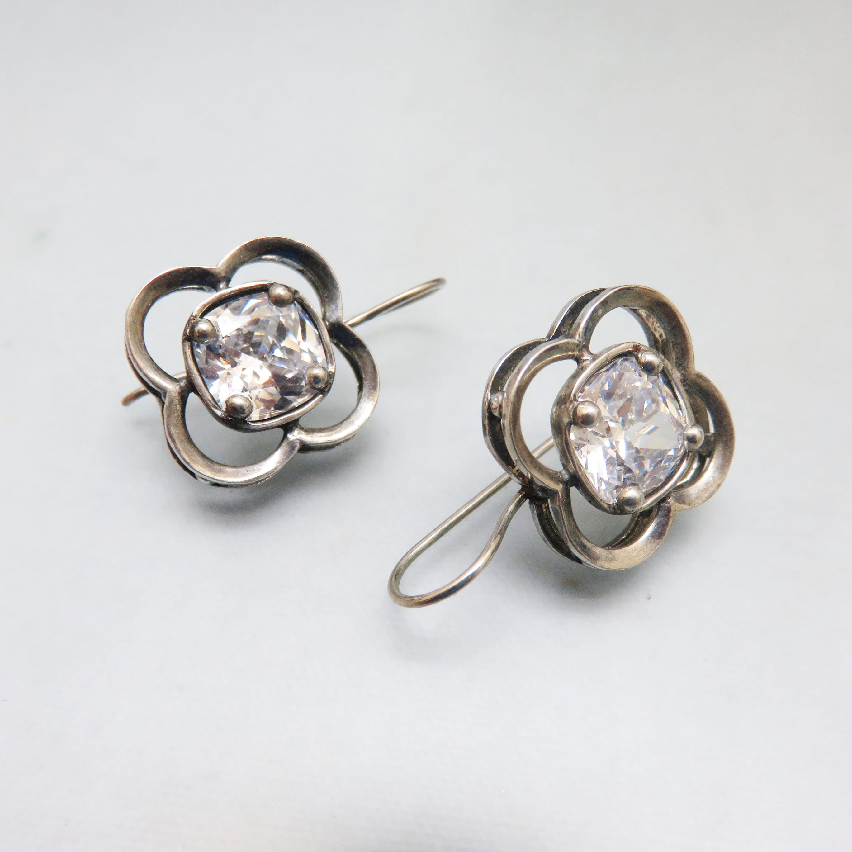 Big Bold Cubic Zirconia Stone in Sterling Trefoil Design Pierced Earrings, Attached Ear Wire