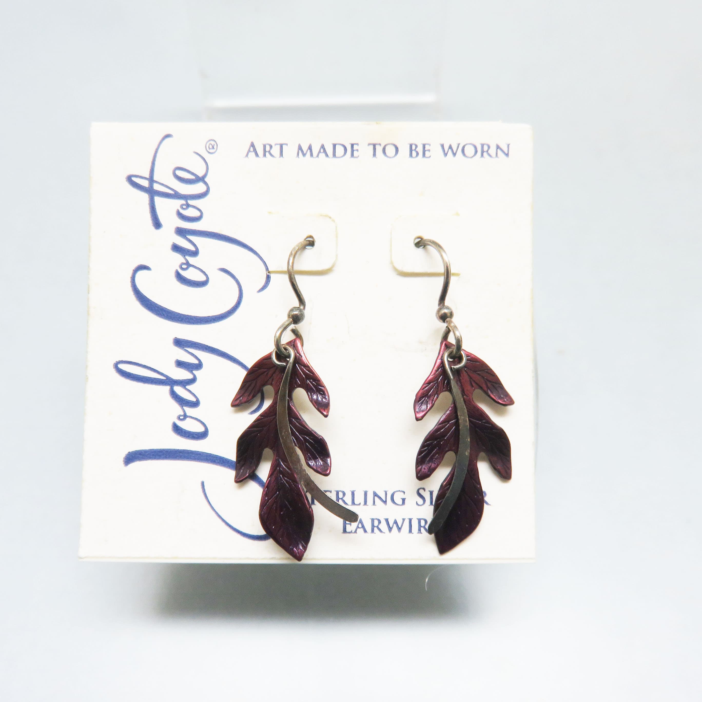 Jody Coyote Enameled Leaf Pierced Earrings, Sterling Findings, Mint on Card