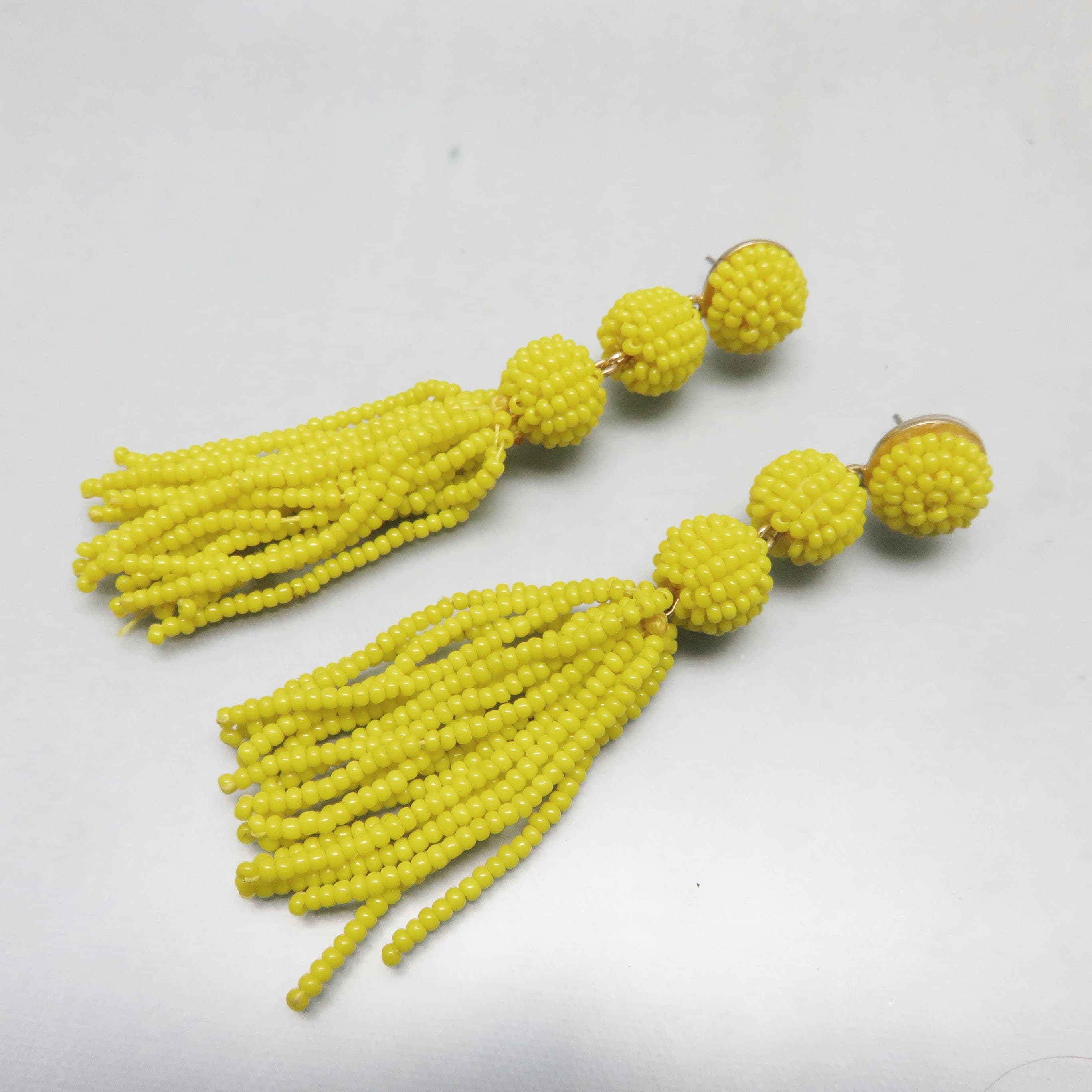 Sunshine Yellow Post Style Beaded Tassel Pierced Earrings