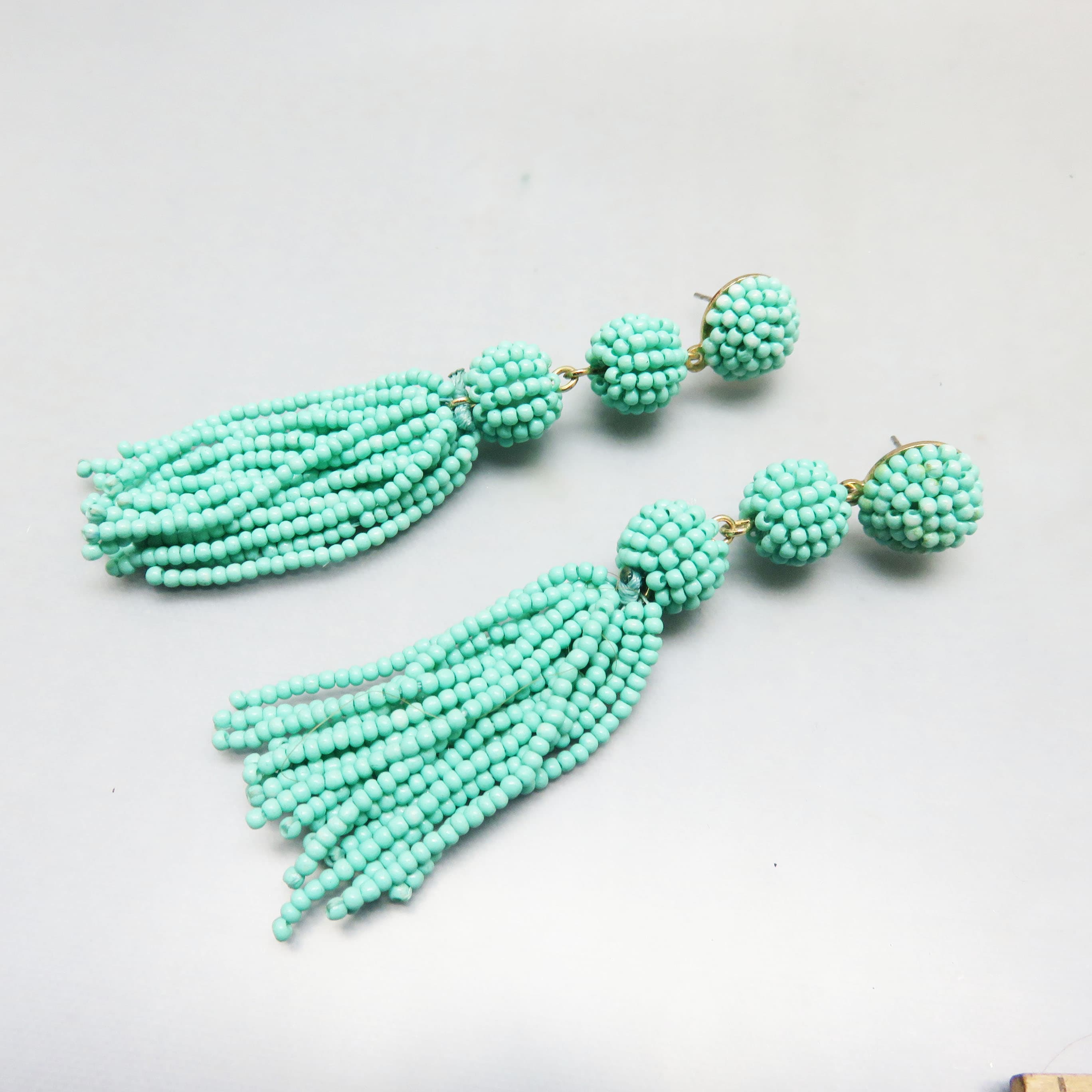 Light Turquoise Handmade Seed Bead Tassel Pierced Earrings, Vintage Pierced Earrings