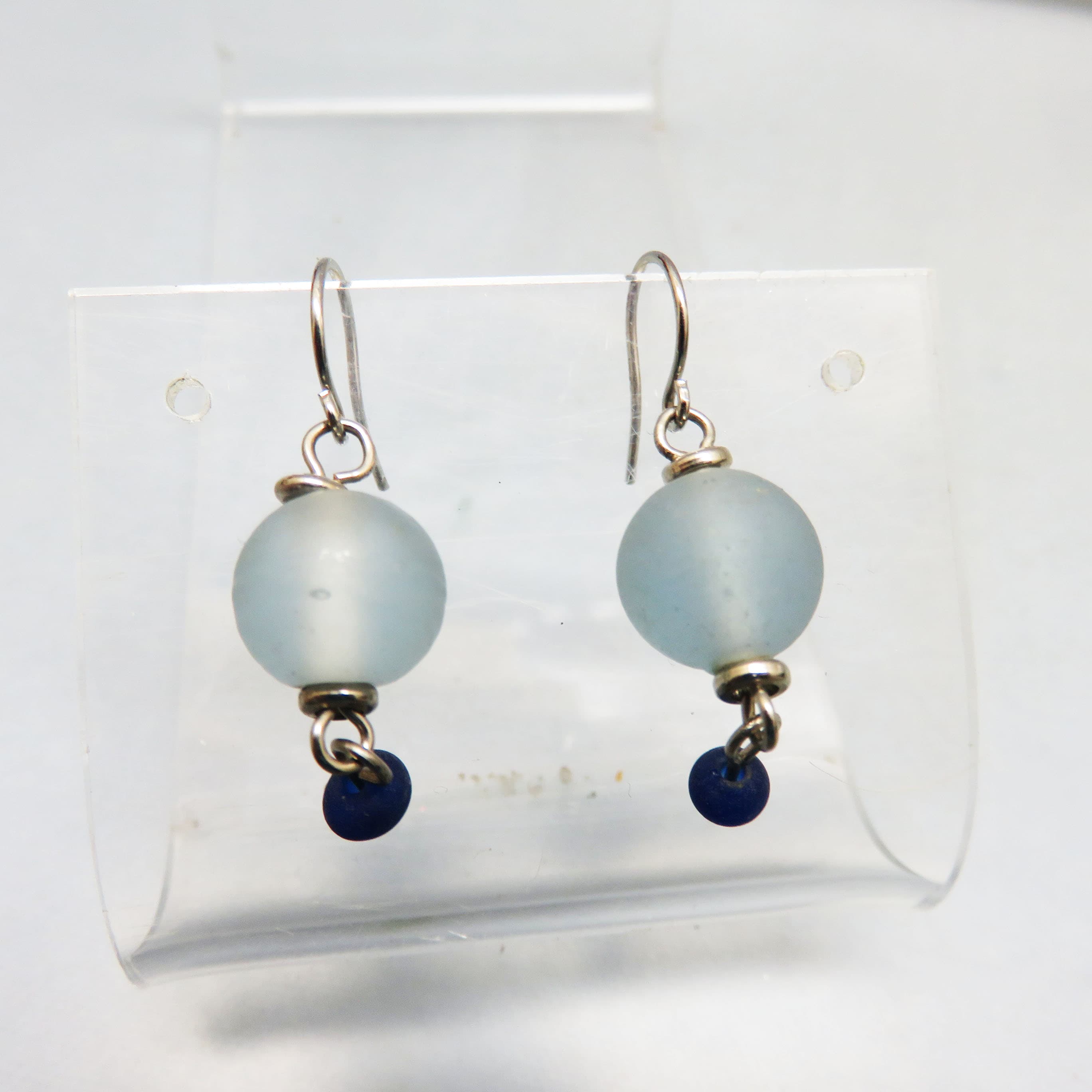 Two Colors Blue Sea Glass Bead Pierced Earrings, Sterling Findings