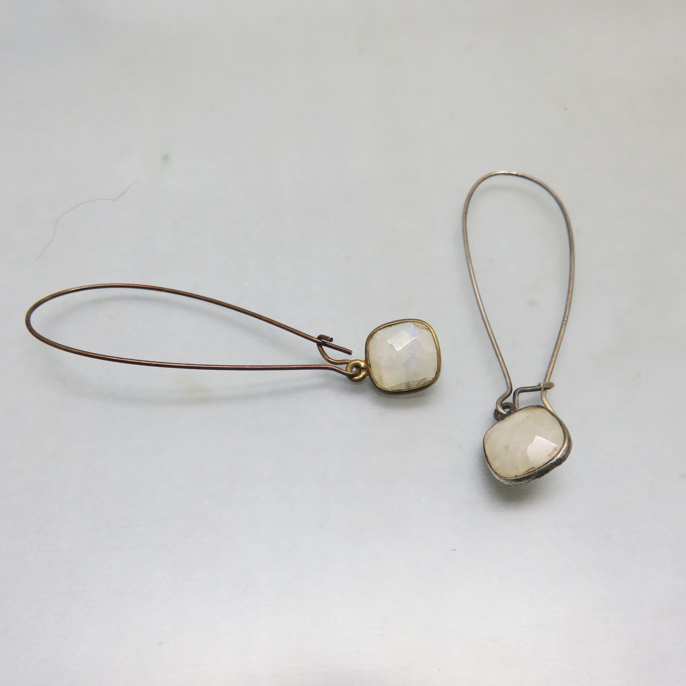 Elongated Sterling Silver Kidney Wire Moonstone Pierced Earrings