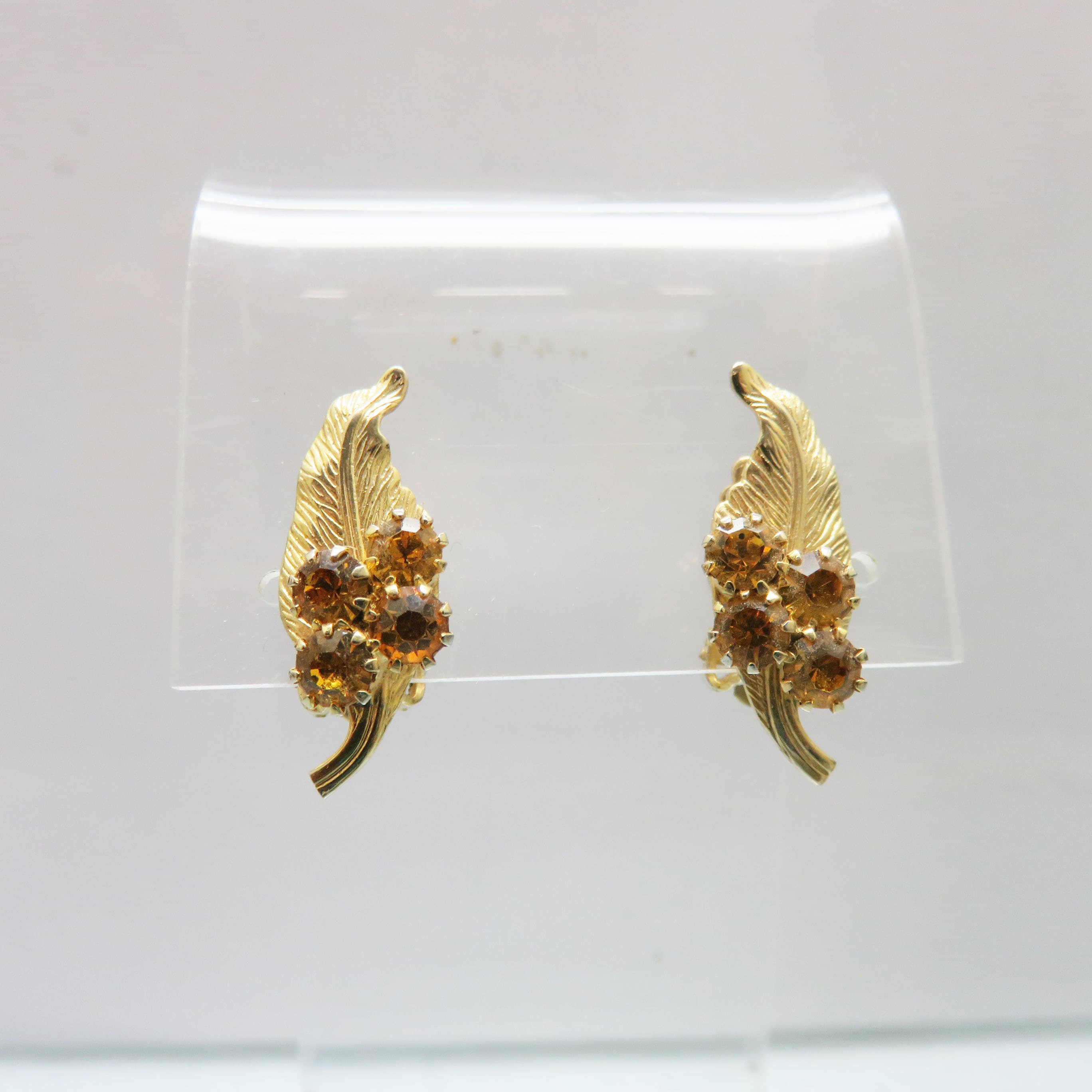 1960s Citrine Gold Rhinestone Clip On Earrings, Leaf Motif