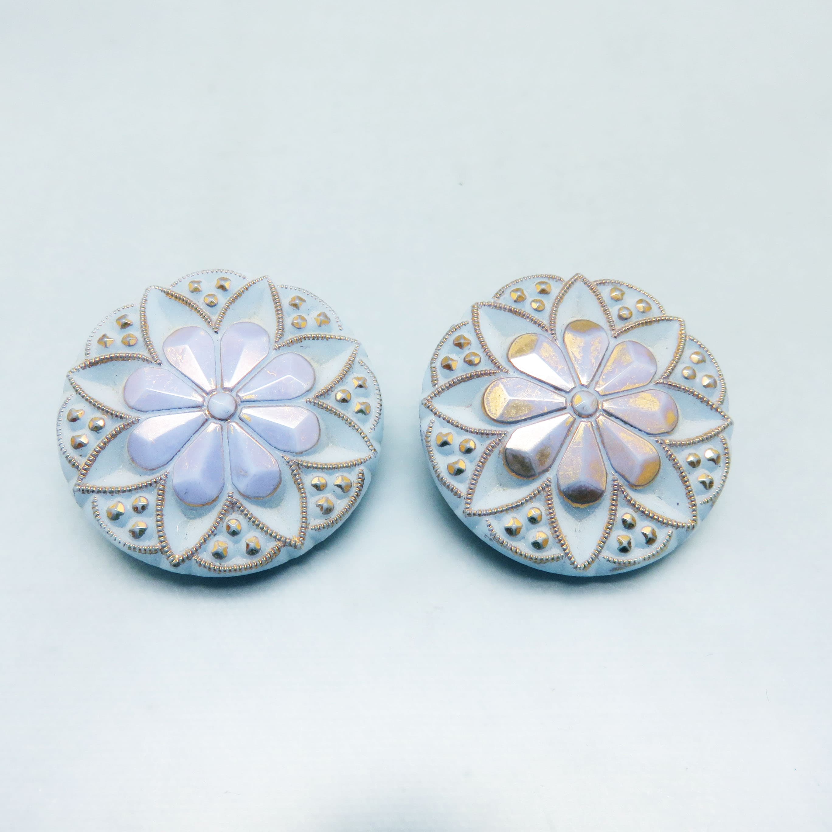 1940s Light Periwinkle Blue Glass Button Clip On Earrings