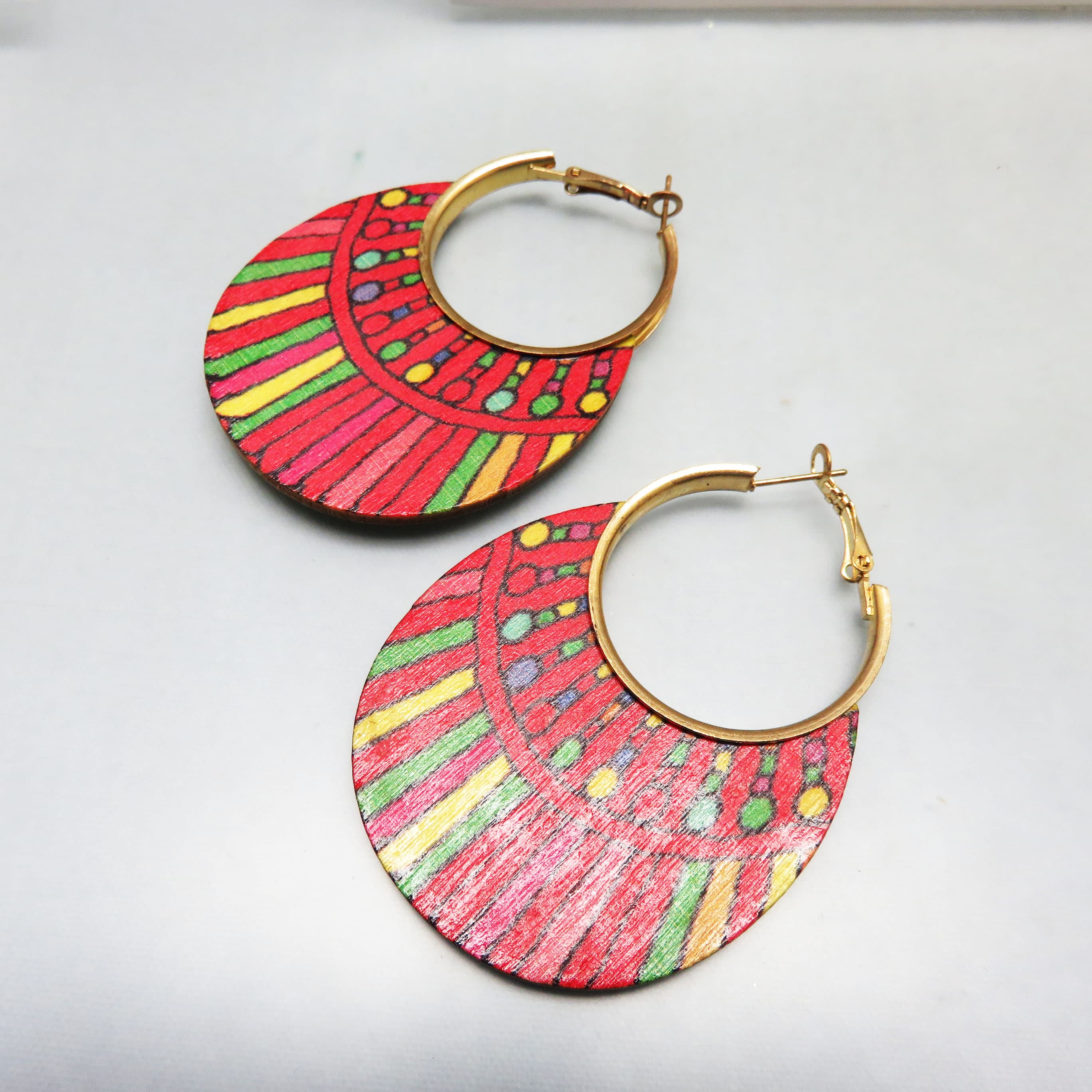 Bold Lithographed Wood Hoop Pierced Earrings, Colorful Red Hoop Earrings