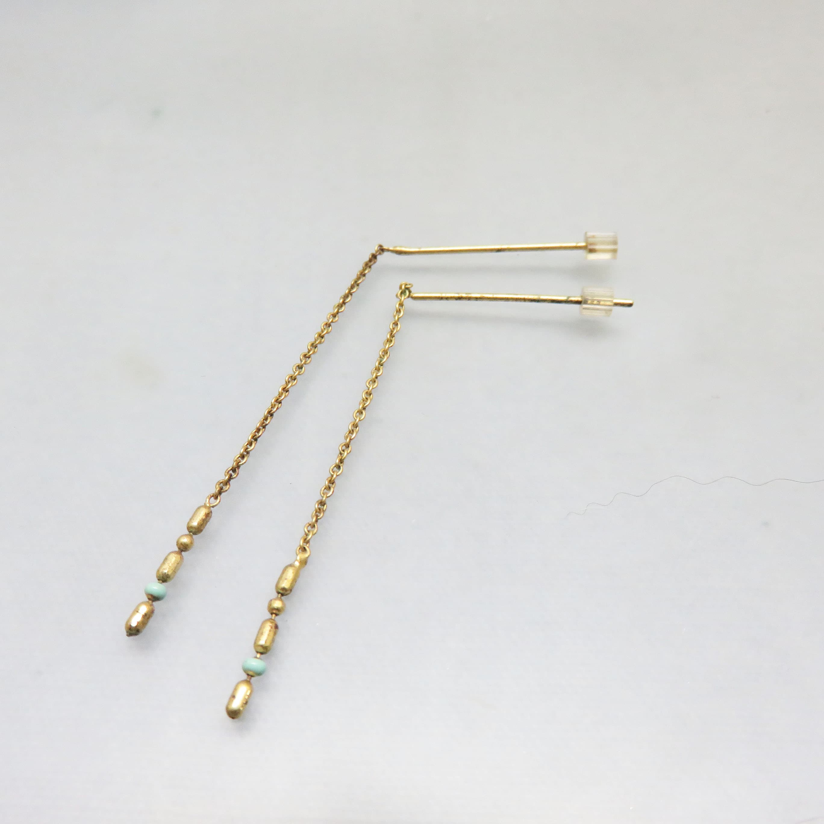 Gold Filled Threader Style Pierced Earrings, Small Bead and Turquoise Accent