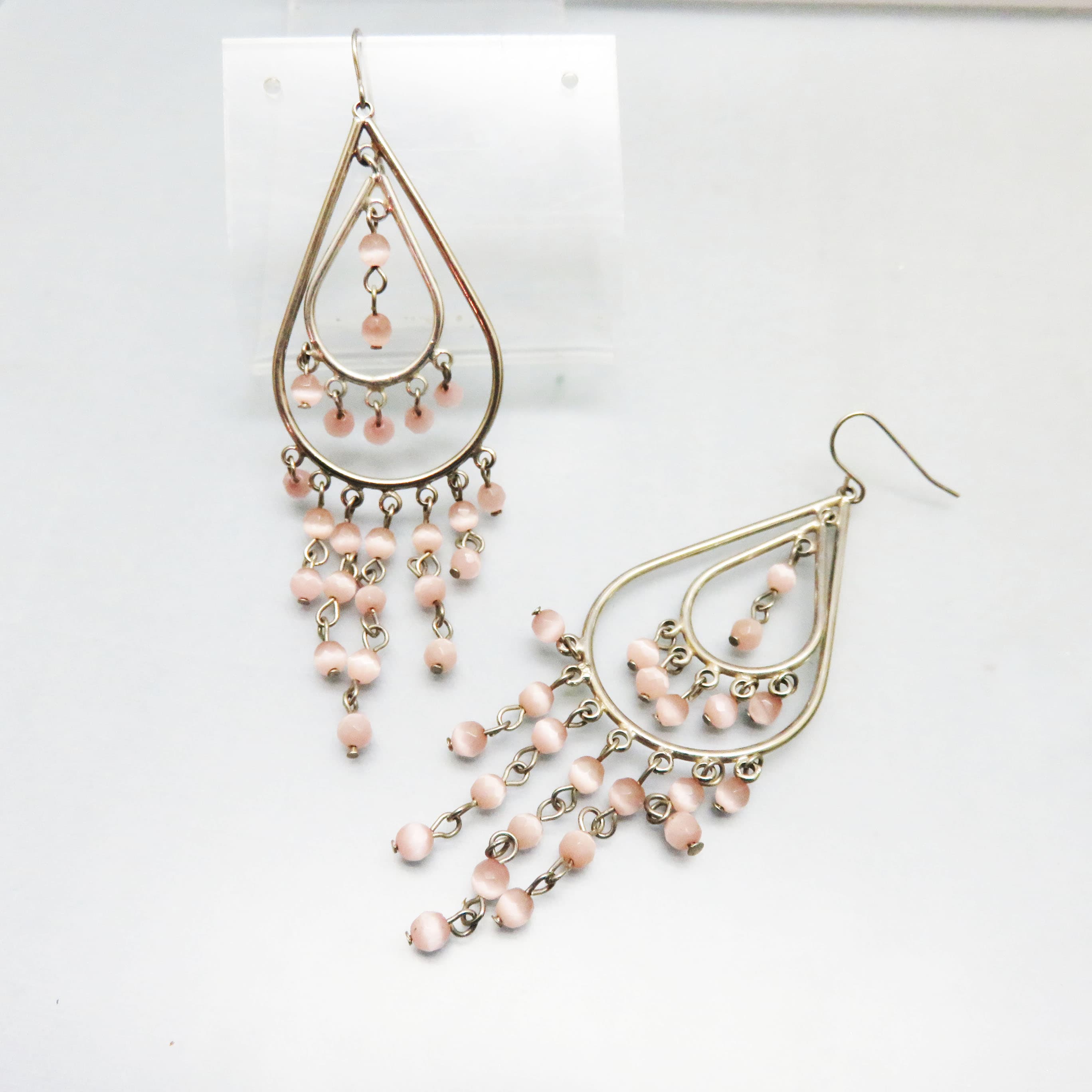 Silvertone Metal and Pink Cats Eye Glass Bead Chandelier Style Pierced Earrings