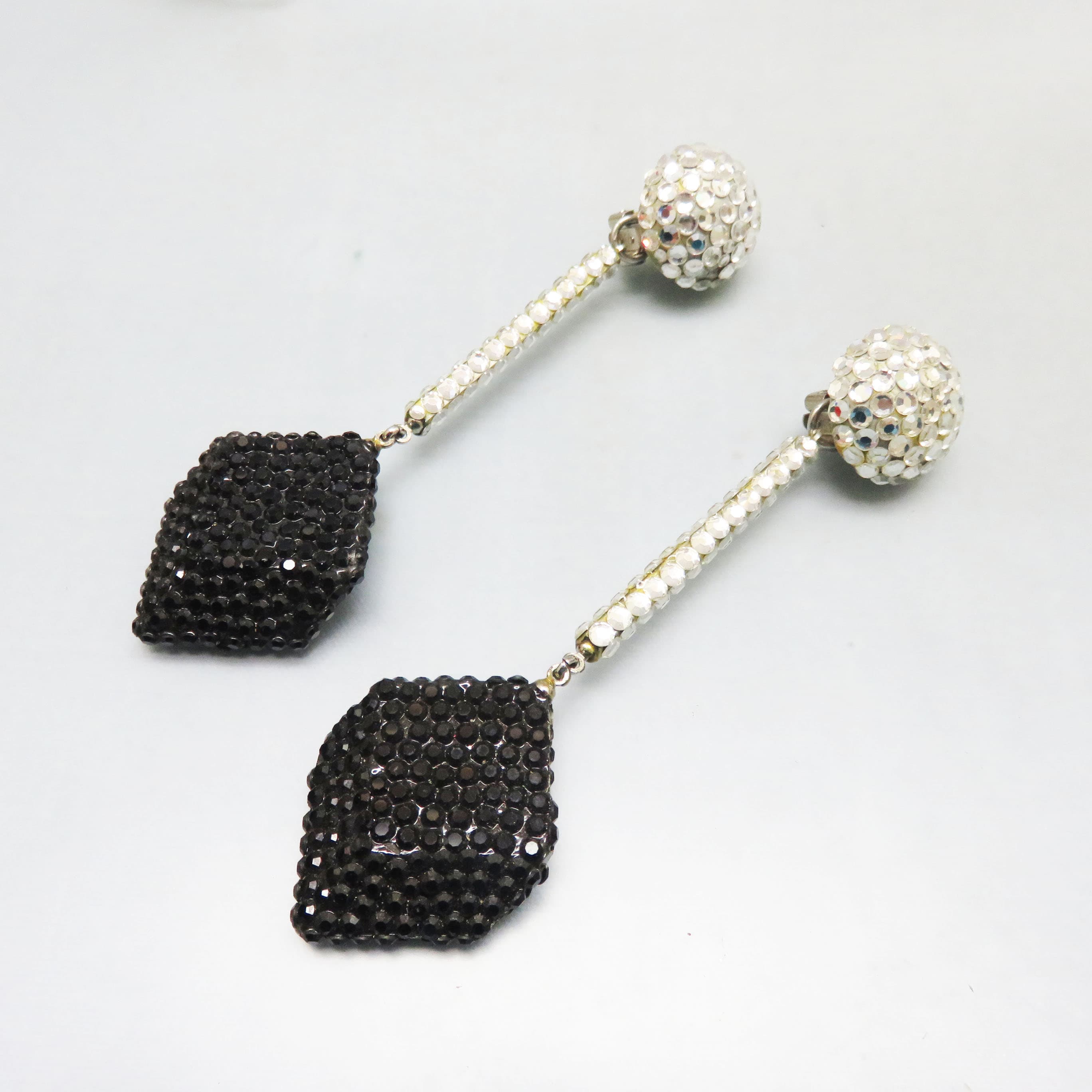 1980 Rhinestone  Drop Clip On Earrings, Black and Clear Rhinestones, Richard Kerr Runway Earrings