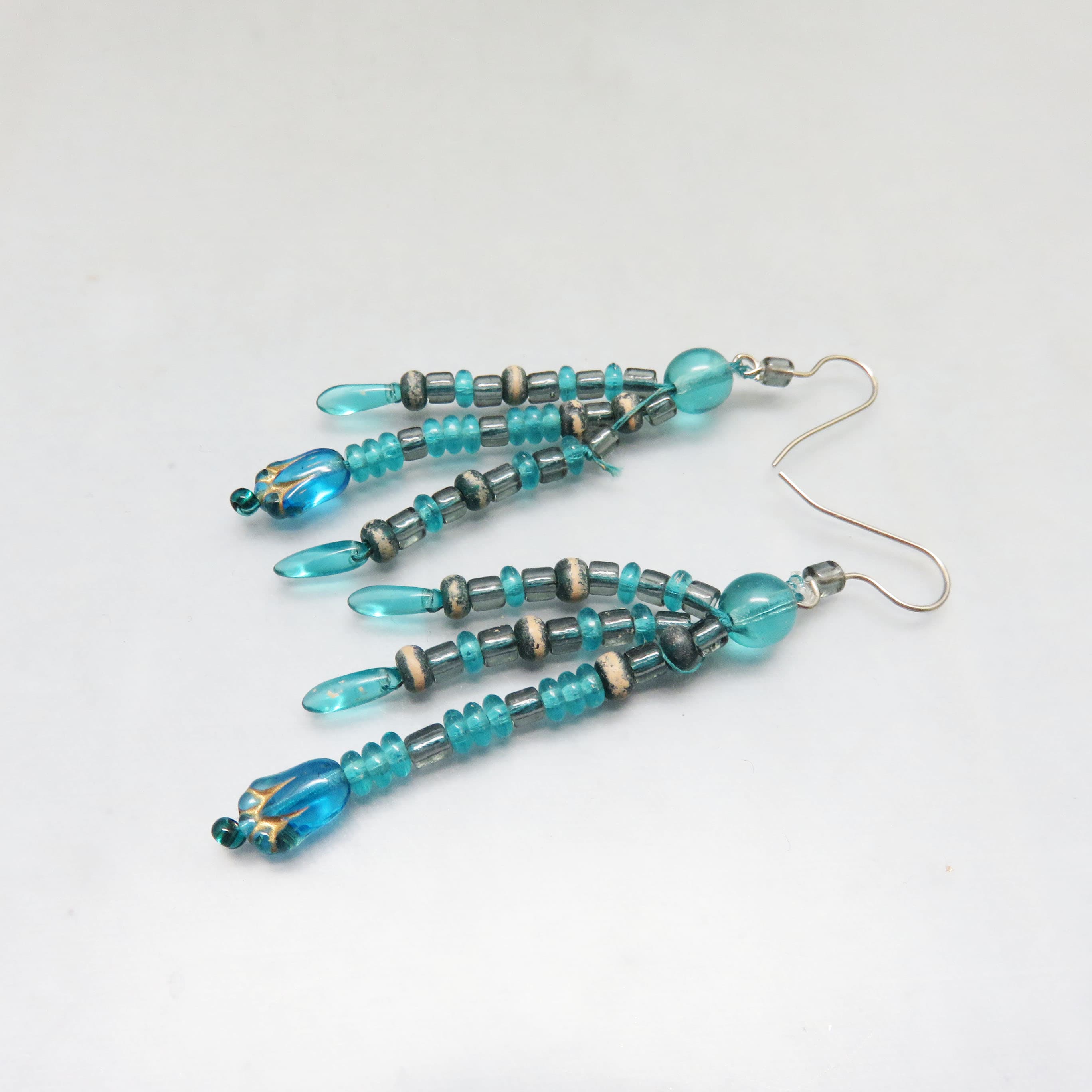 BoHo Blue and Gray Wood Beaded Pierced Earrings, 3 Inches Long French Hook Earrings
