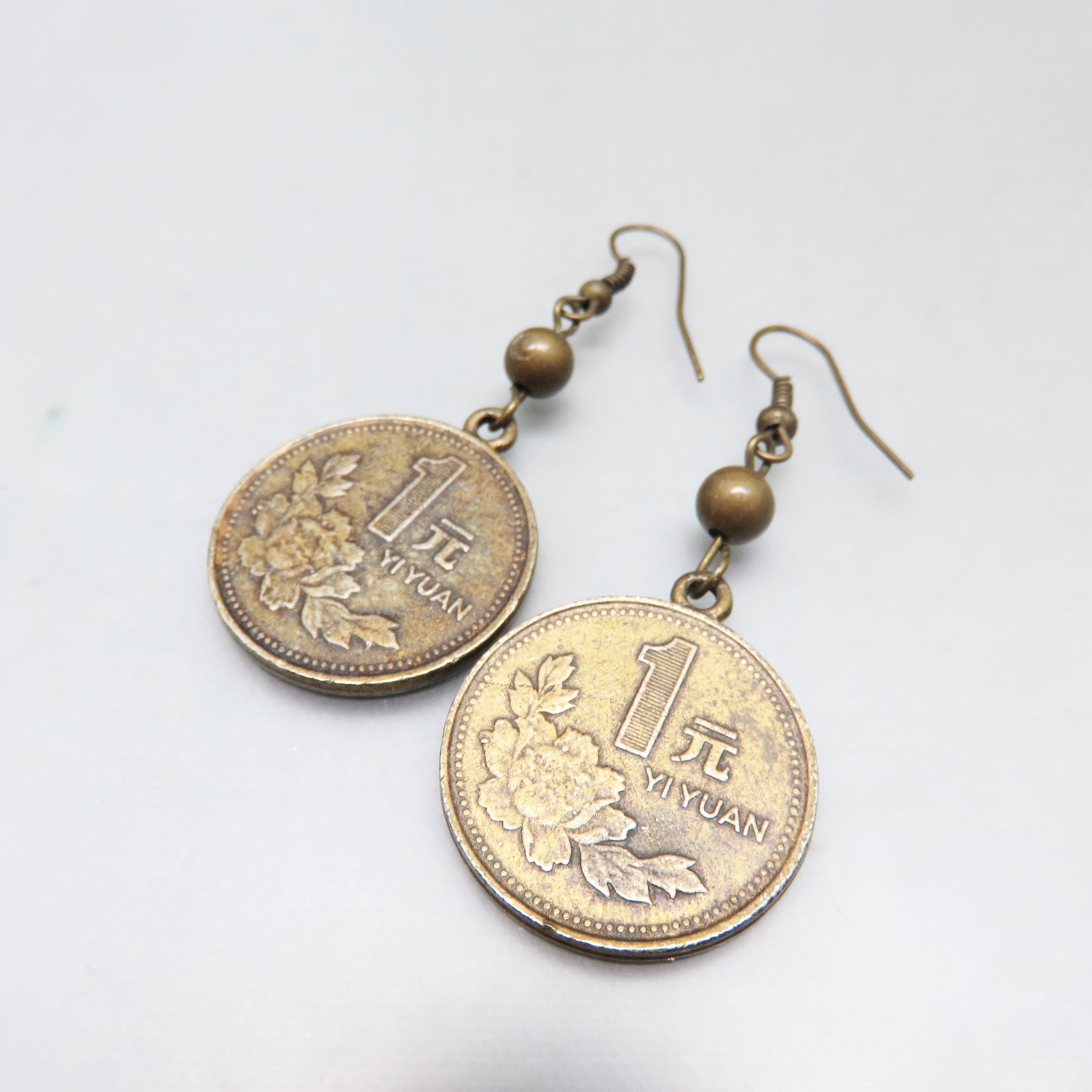 Chinese Coin Dangle Earrings 1993 Yi Yuan – Vintage Style Brass Tone Coin Earrings – Asian Coin Jewelry – Lucky Coin Drop Earrings