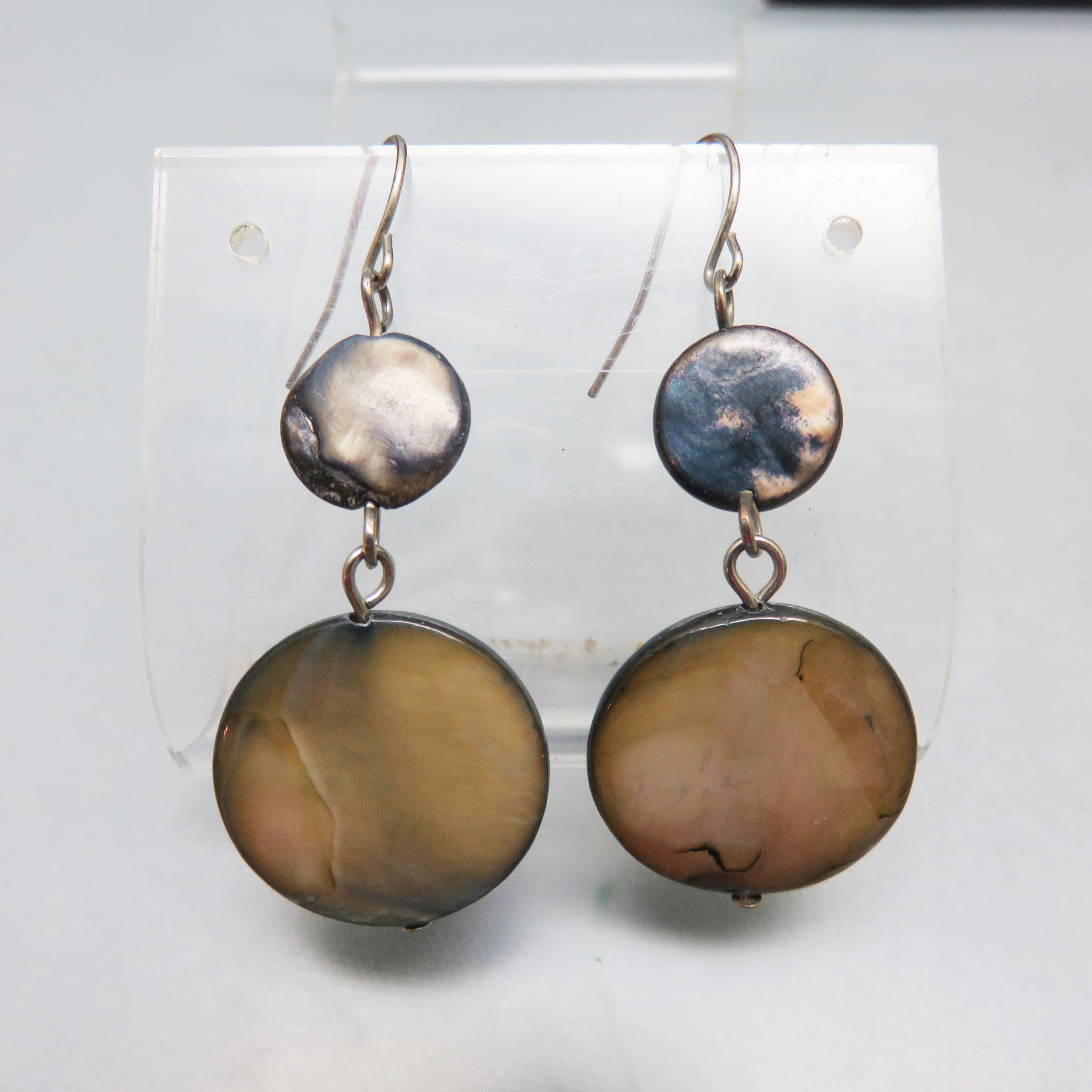 Gray and Brown Mother of Pearl Dangling Disc Pierced Earrings