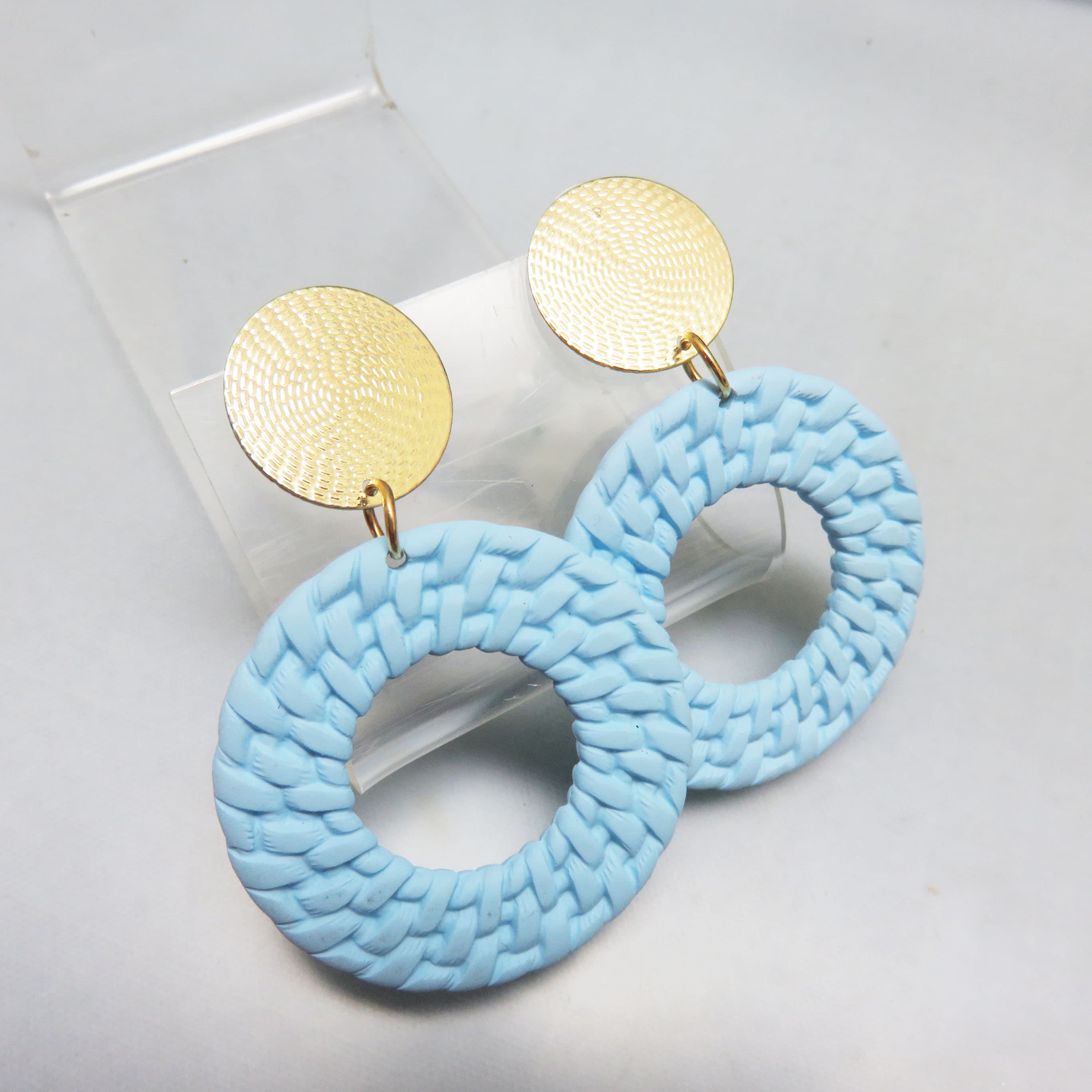 Raffia Look Blue and Gold Hoop Pierced Earrings, 