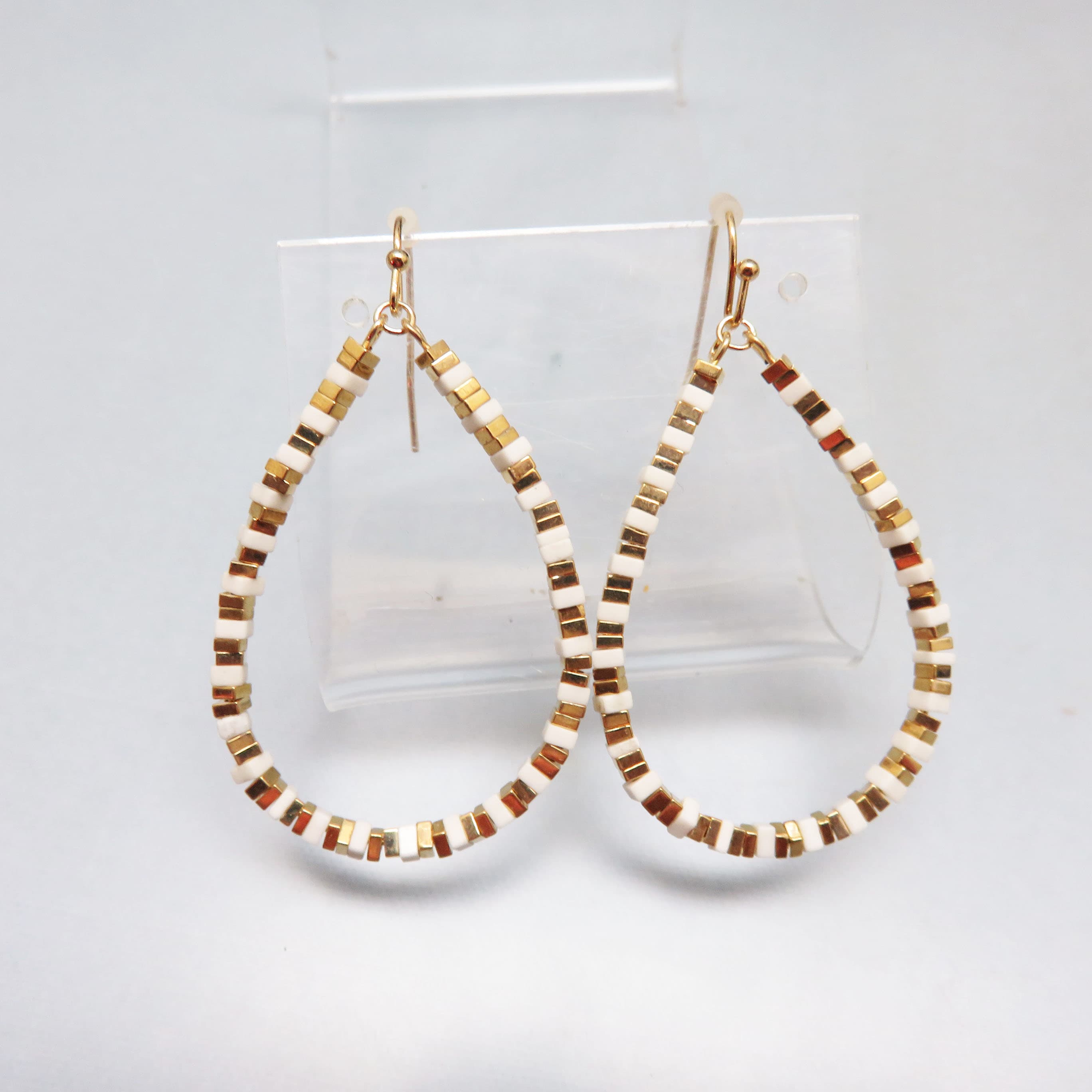 Summery White and Gold Beaded Teardrop Hoop Pierced Earrings