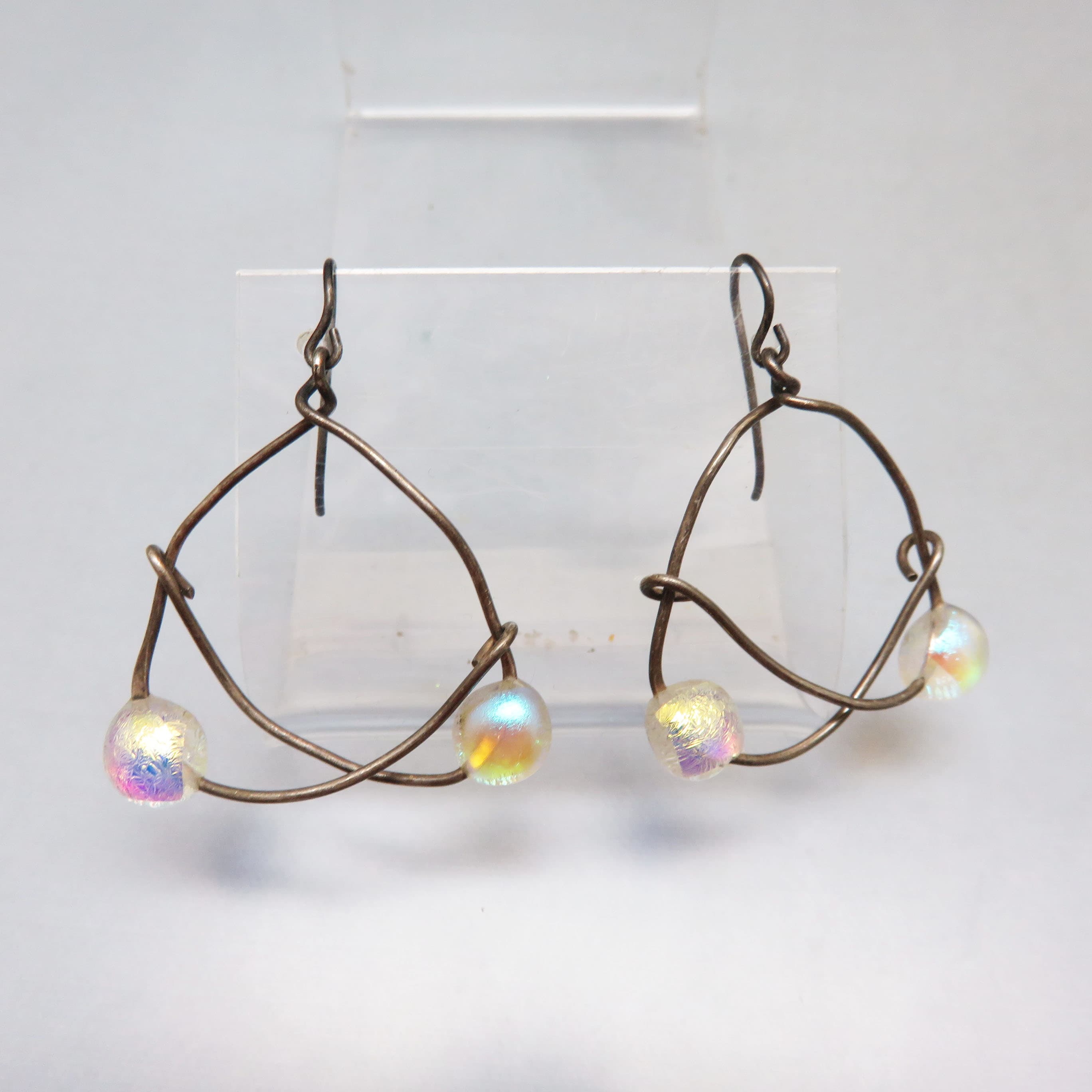 Celtic Look Iridescent Glass Pierced Earrings, Wire and Glass Earrings