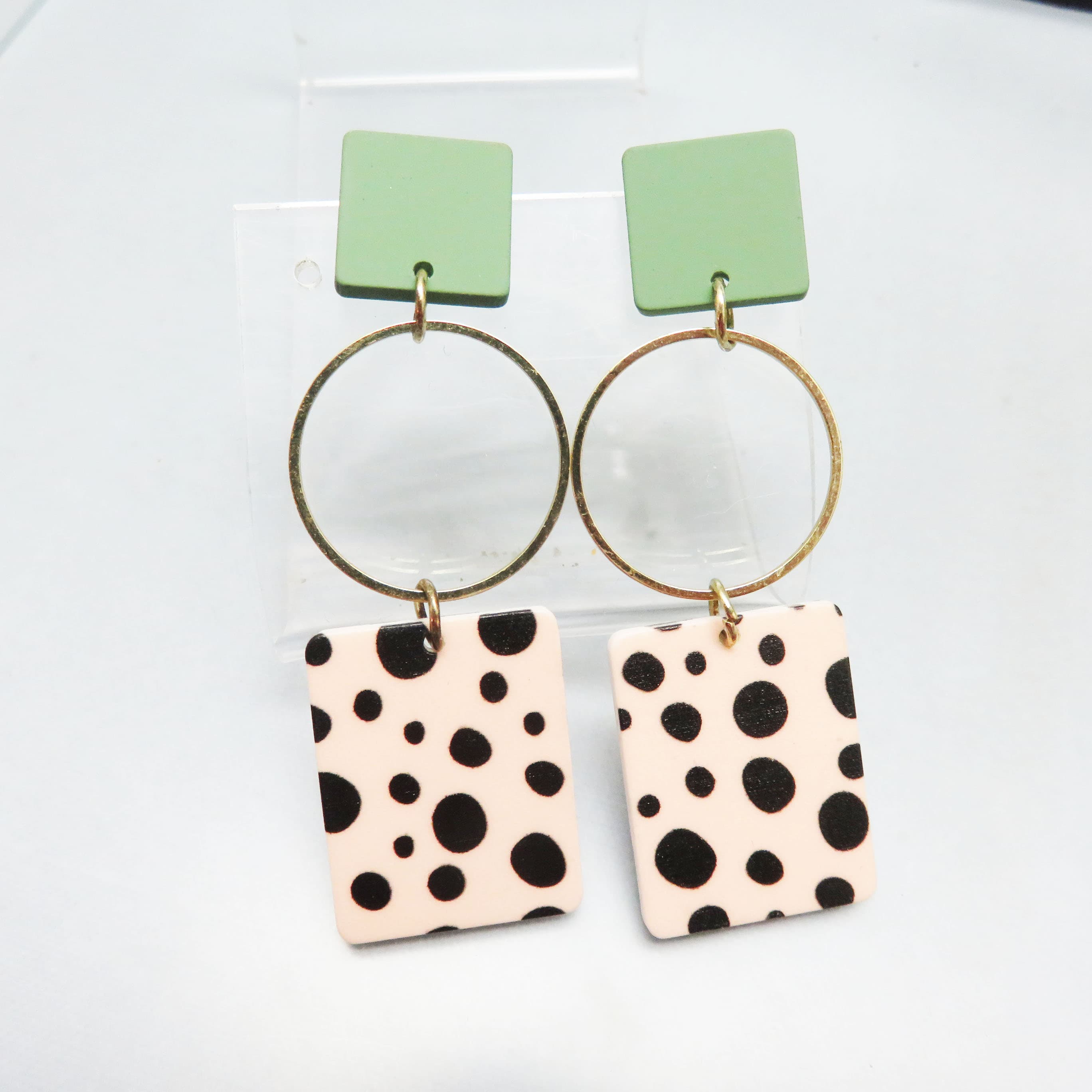 Mod 1960s Style Green, White and Black Polka Dot Pierced Earrings