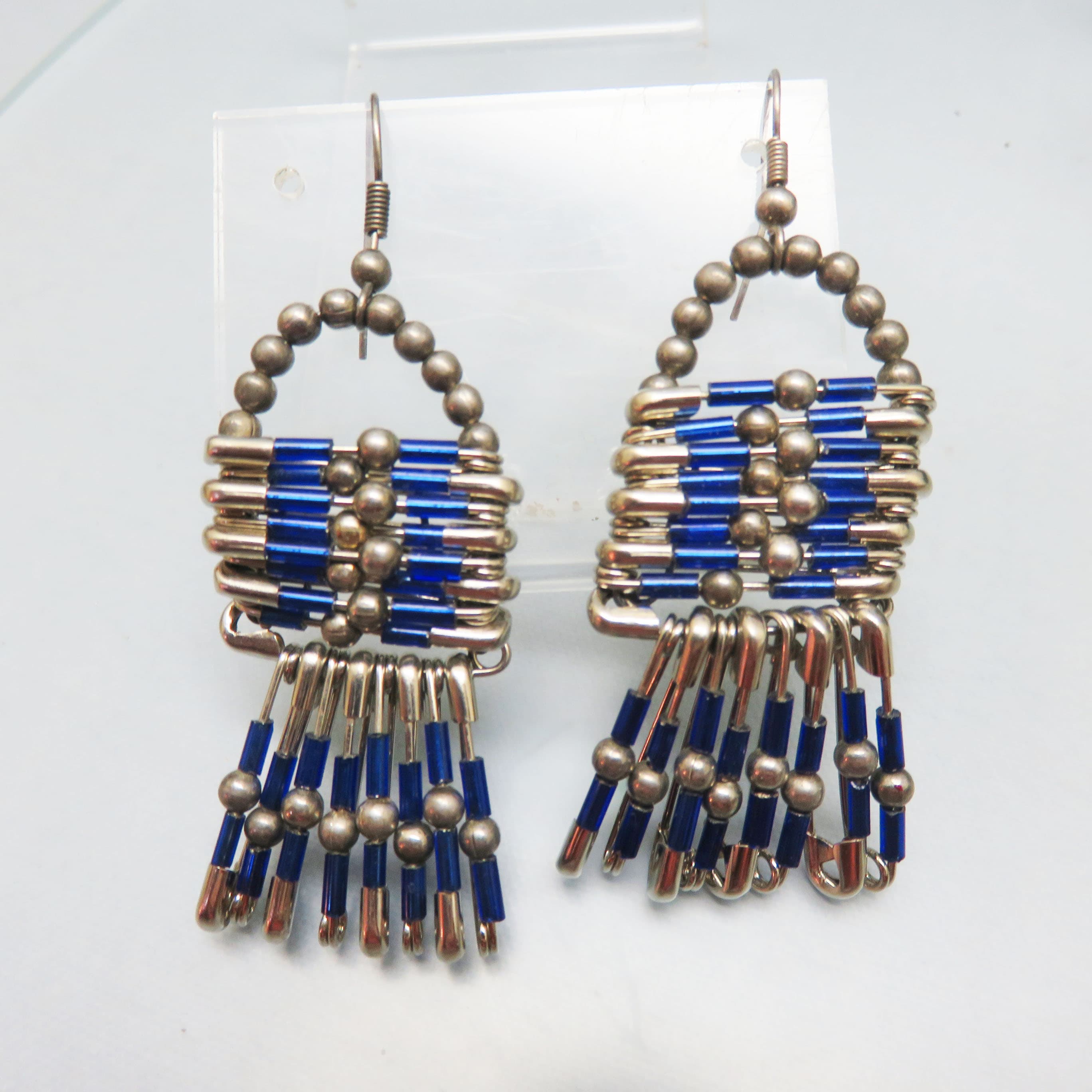 1990s Handmade Safety Pin BoHo Pierced Earrings, Silver and Blue French Hook Earrings