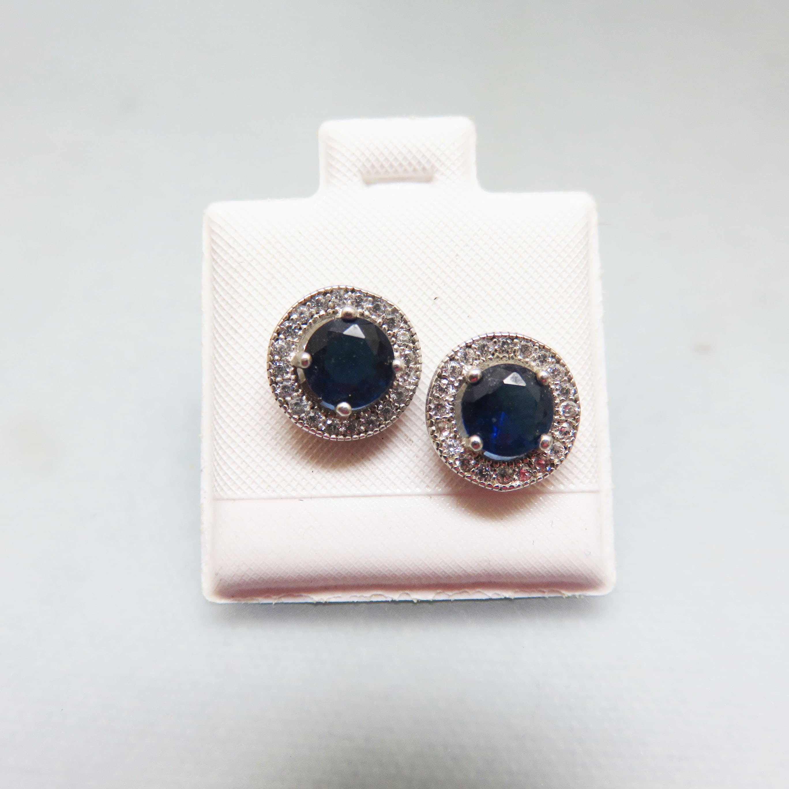 Sapphire Blue and Clear Cubic Zirconia Dressy Stud Pierced Earrings, Sterling Silver Settings
