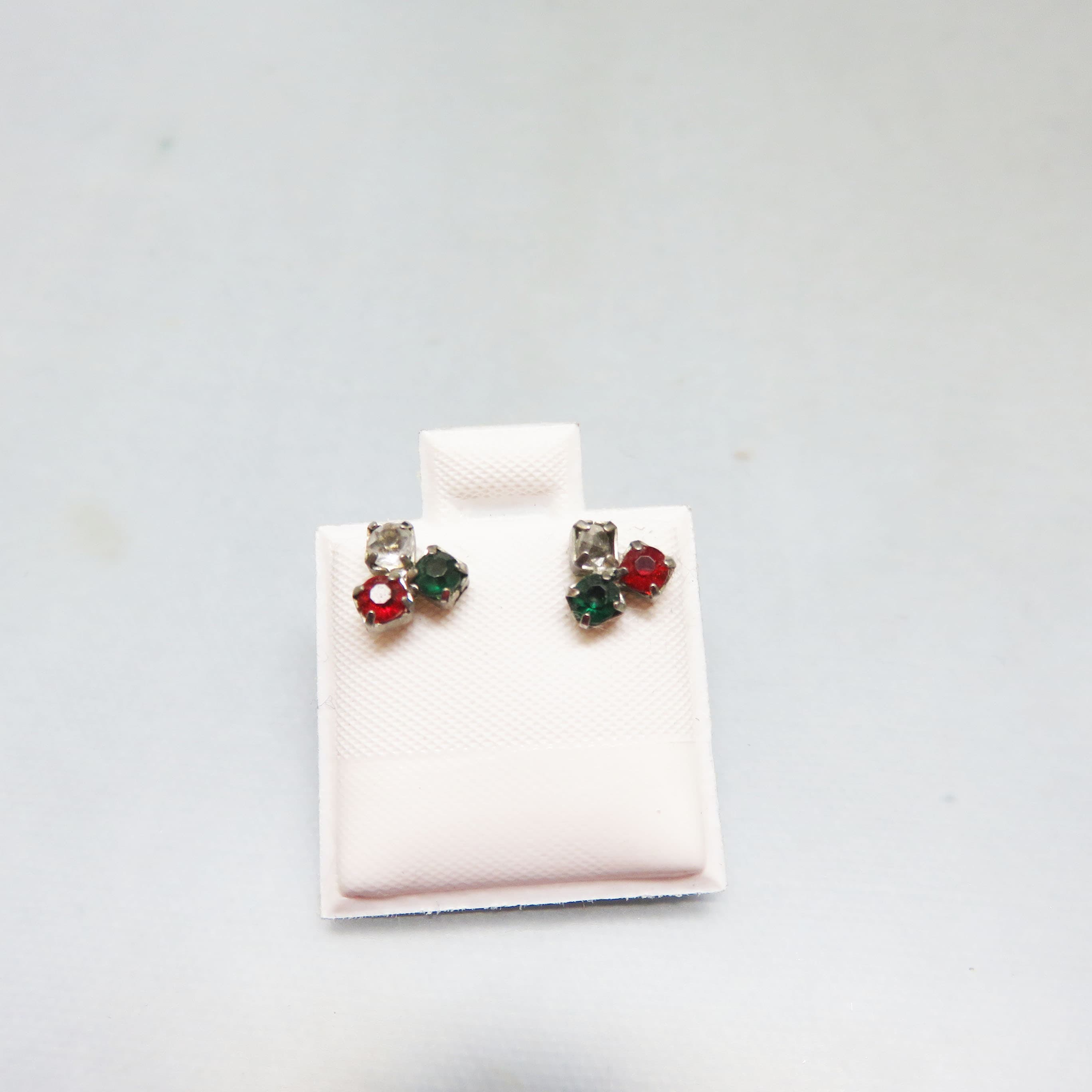 1960s Rhinestone Christmas Colors Stud Earrings, Red, Green, Clear