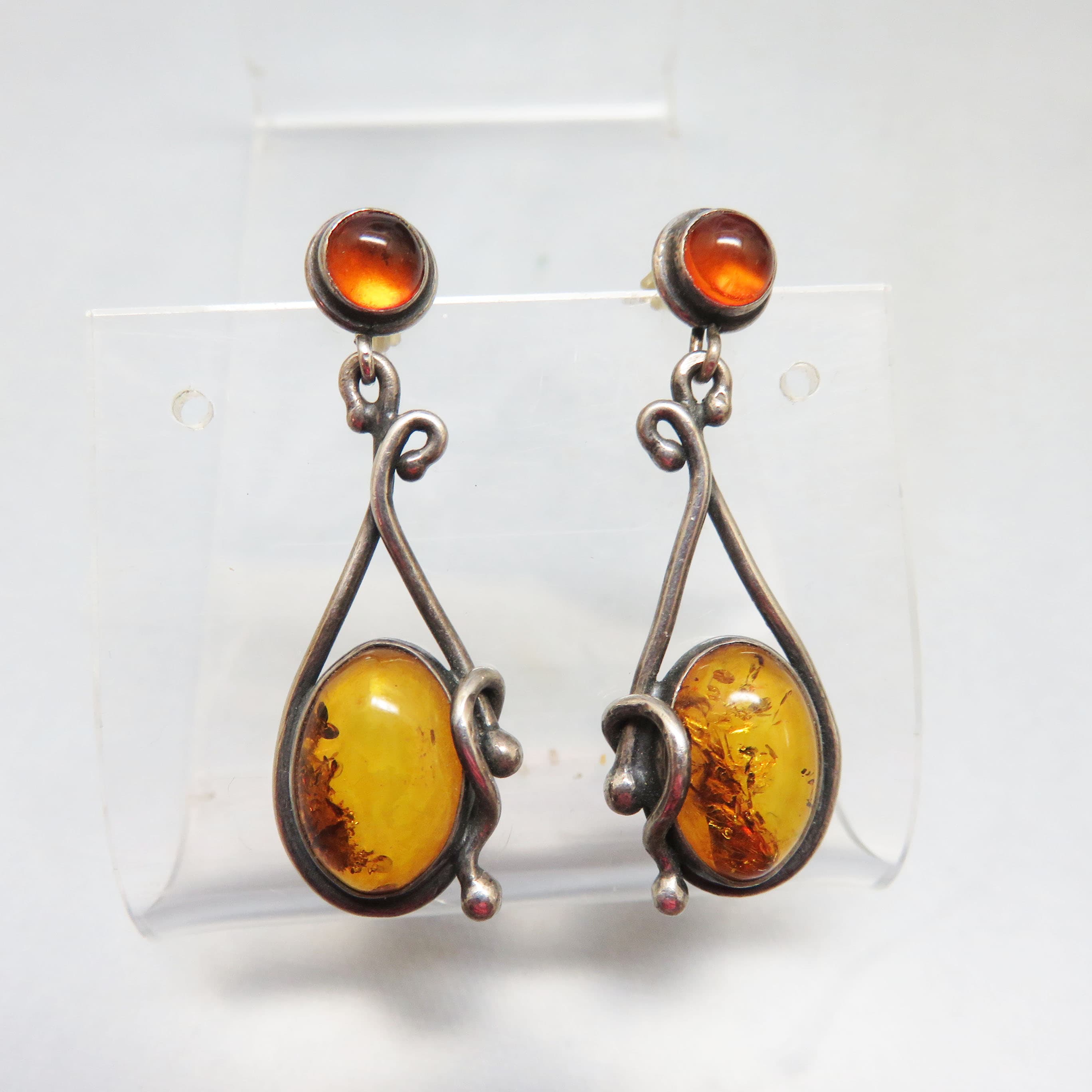 Two Color Real Amber Sterling Pierced Earrings, Artisan Earrings