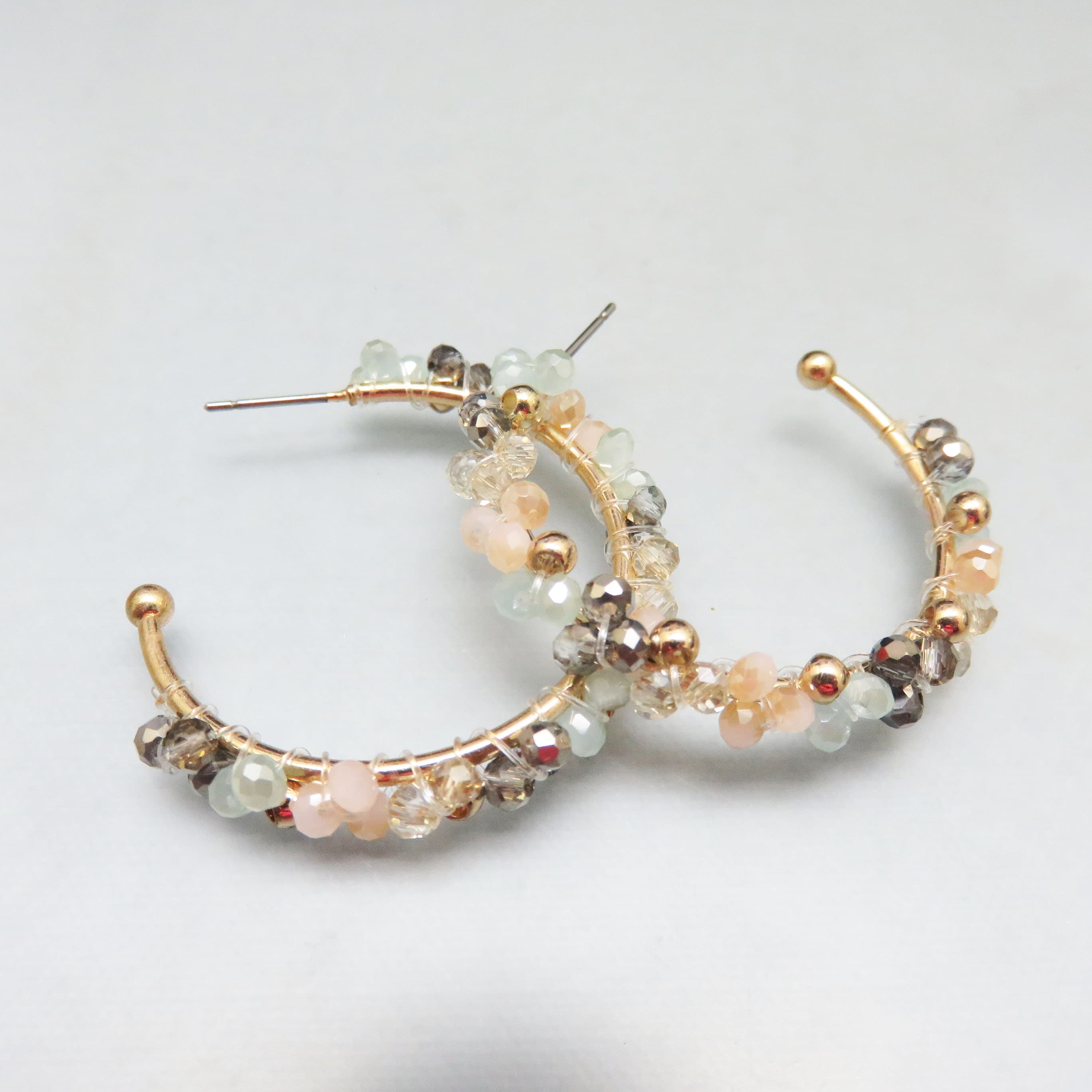 Gold Beaded Hoop Earrings, Pastel, Gold and Silver Beads