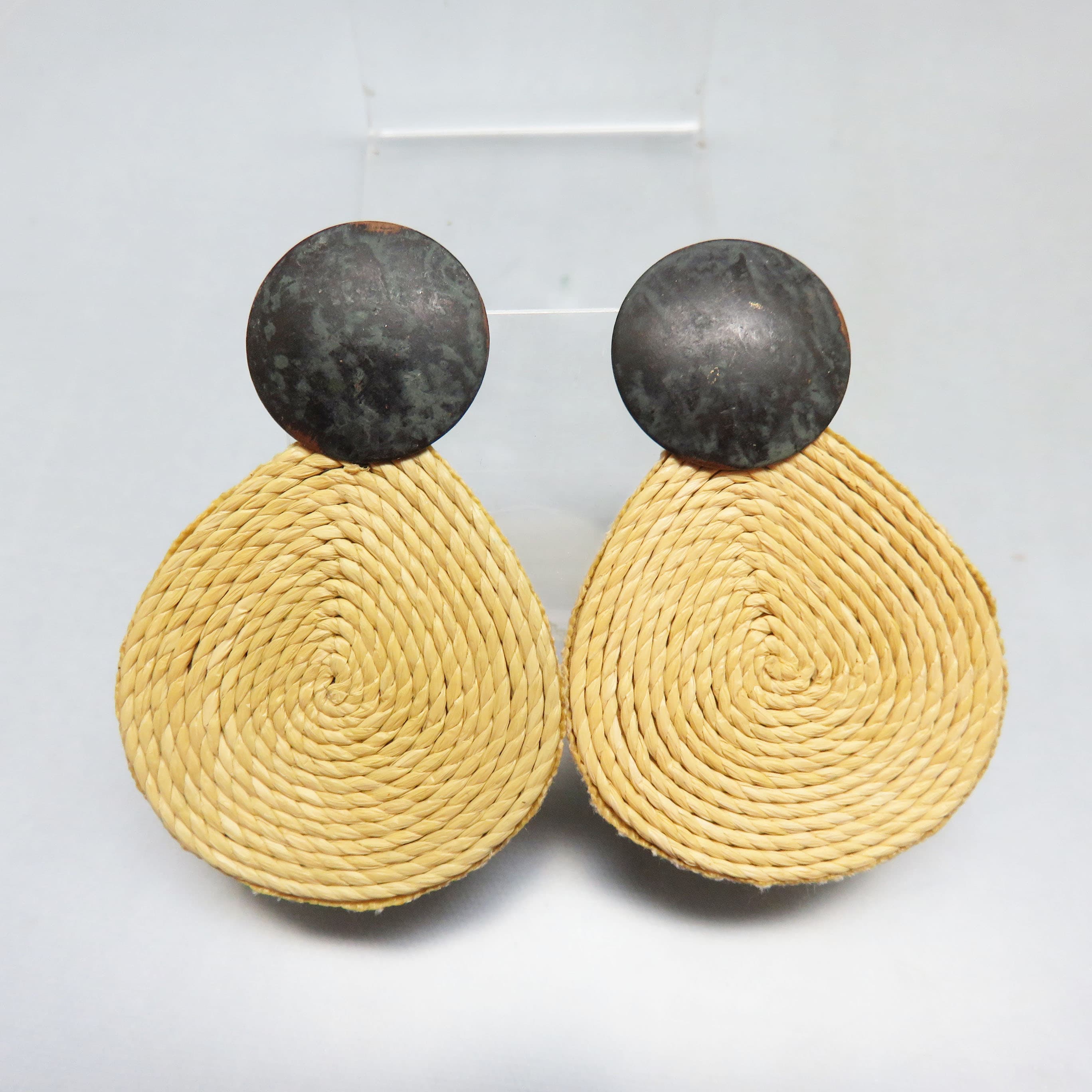 Early 2000's Sisal Twine and Aged Brass Post Style Pierced Earrings