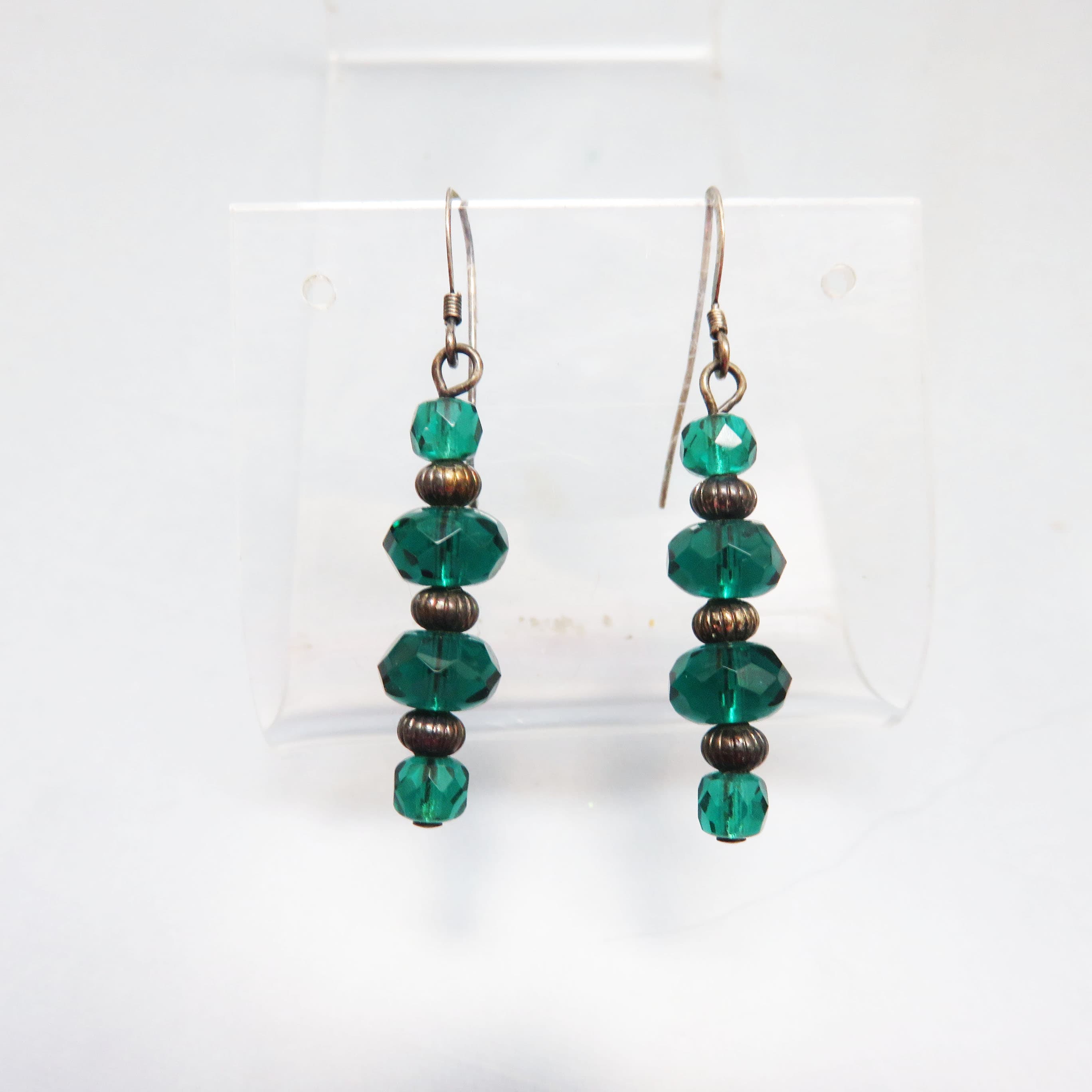 Emerald Green Crystal Beaded Pierced Earrings, Sterling Silver Beads and French Hooks