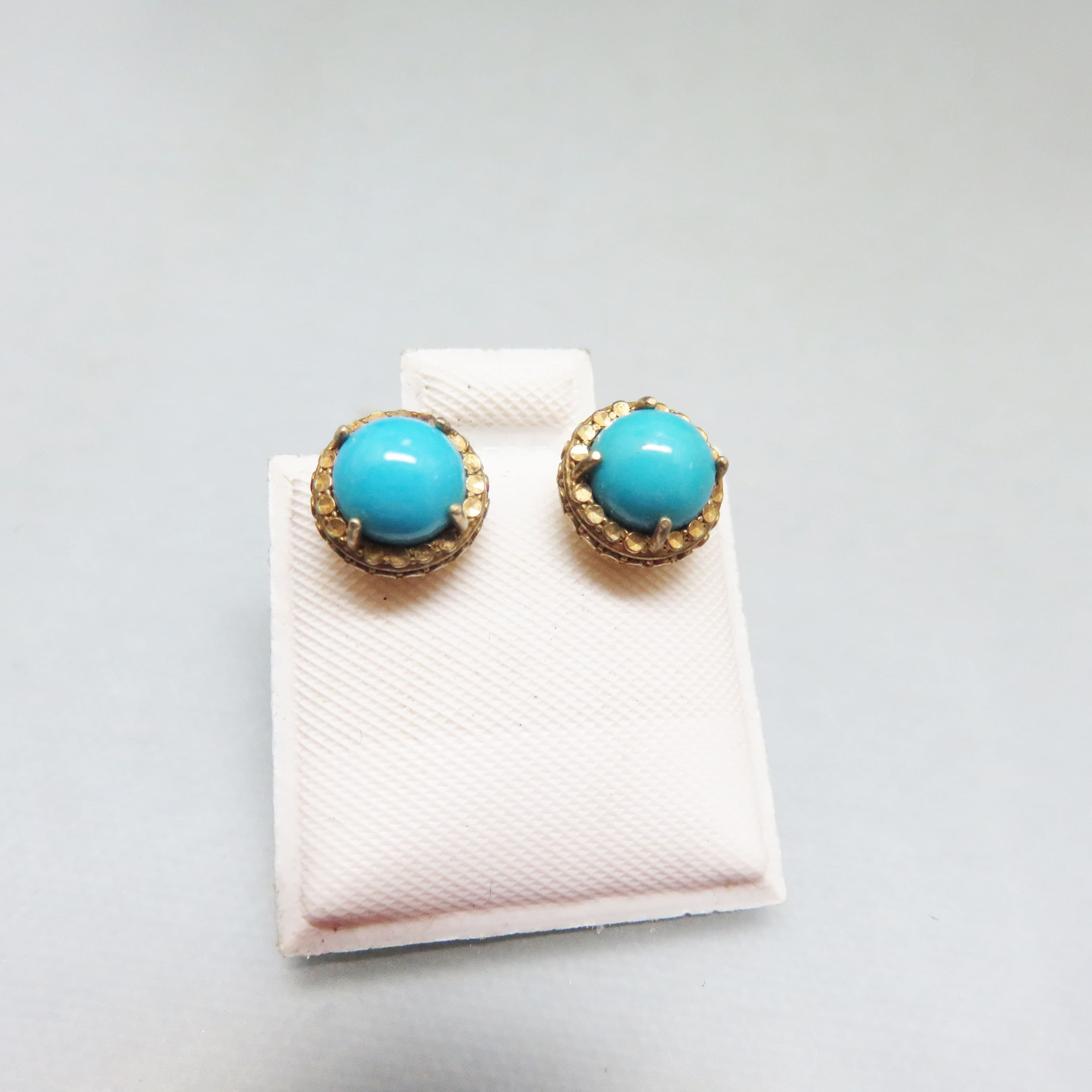 Vintage Sky Blue Turquoise and Gold Vermeil Stud Pierced Earrings