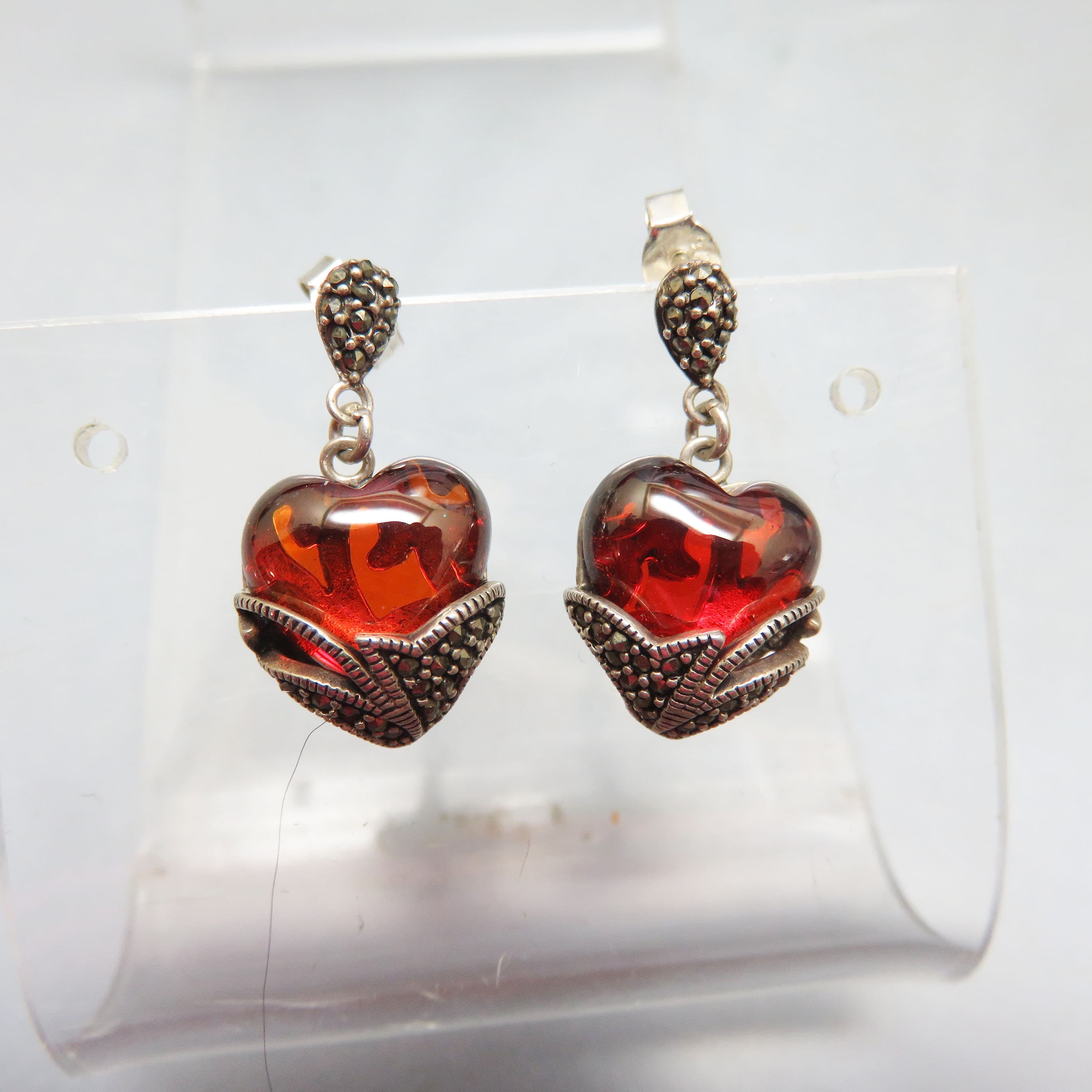 Sterling Marcasite and Red Glass Heart Pierced Earrings